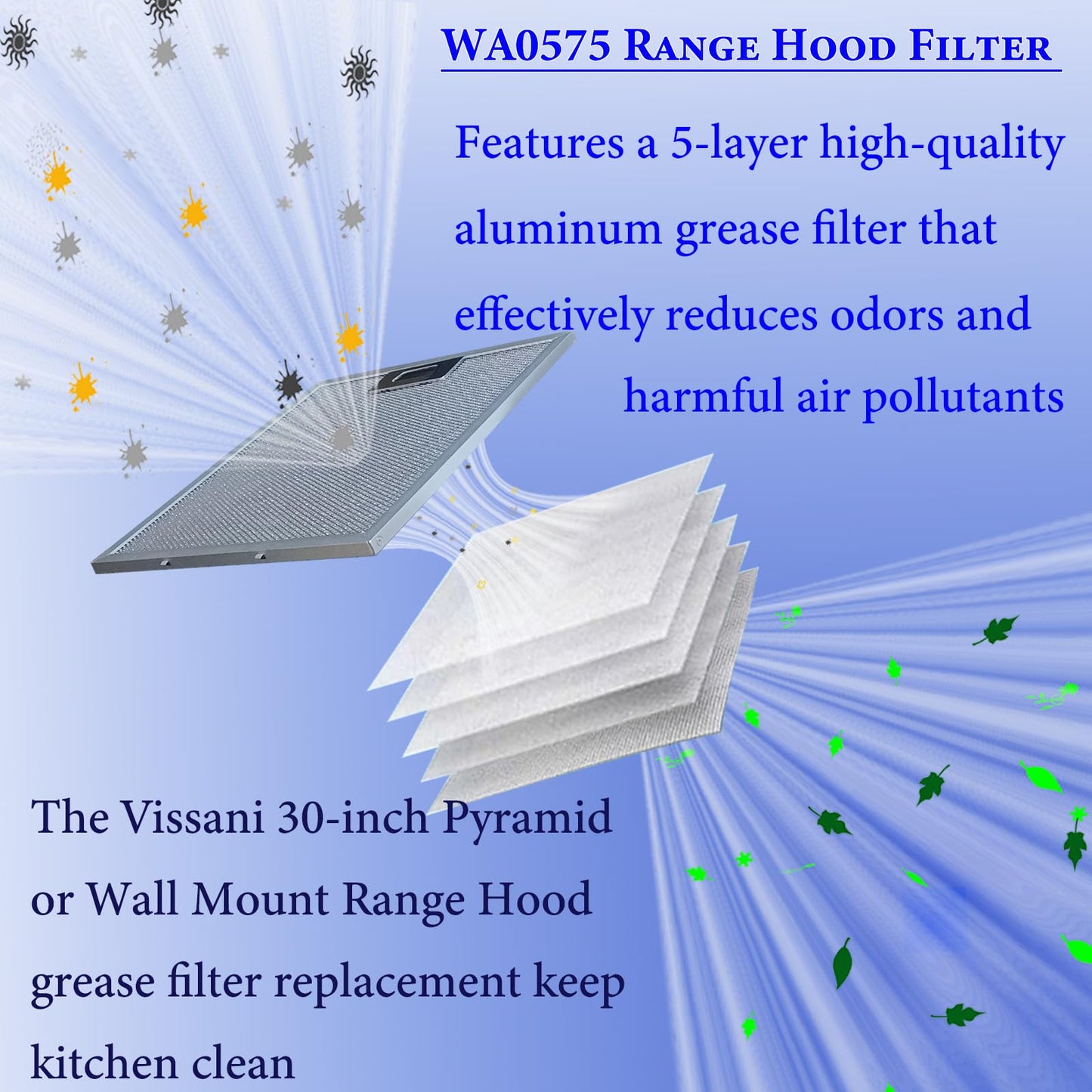 2-Pack WA0575 Range Hood Filters13.5" x 14.37" Fits COSMO COS-5U30 Vissani 30-inch Pyramid and WA0575 Wall Mount 5-Layer Stove Vent Grease Filter Replacement With Stainless Latch