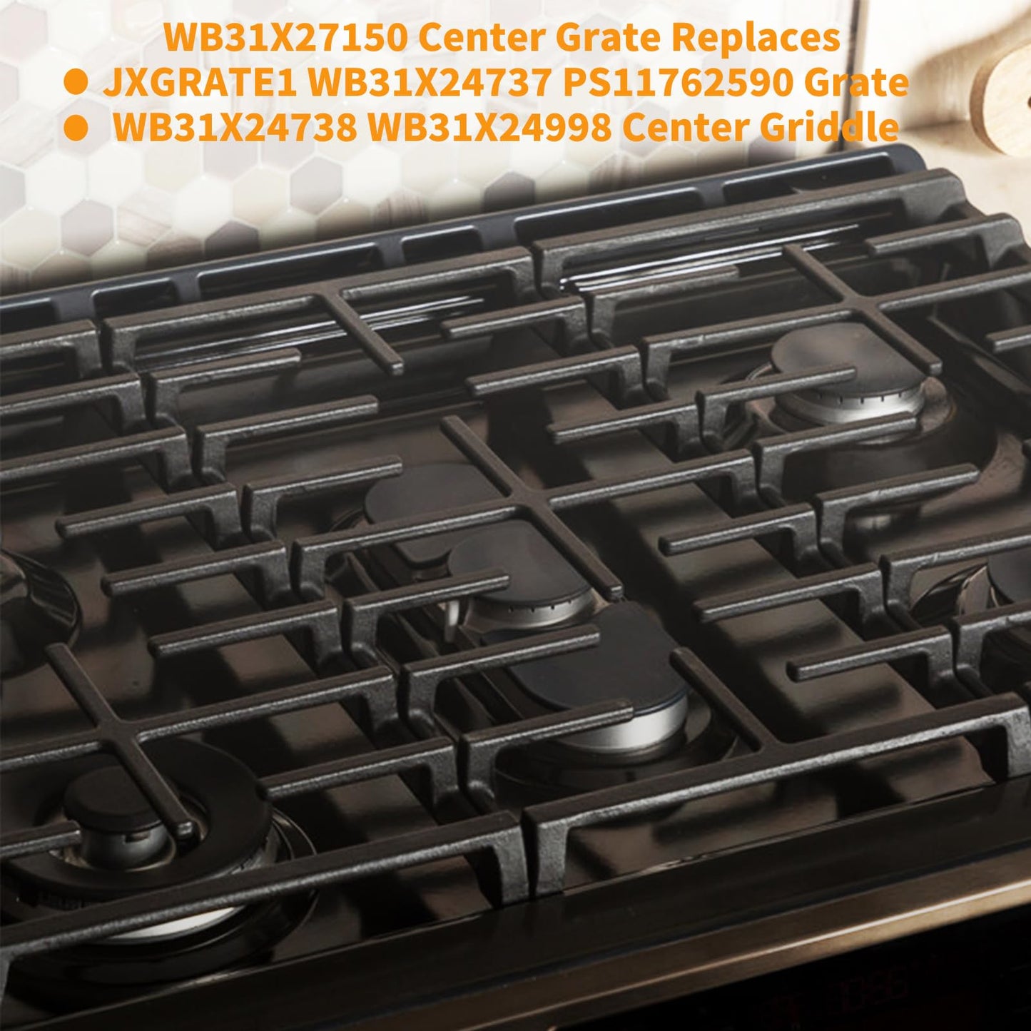 WB31X27150 Center Grate Replacement for GE Stove Grate JXGRATE1 WB31X24737 Cast Iron General Electric Gas Range Grate 19.3" x 9.1'' Surface Burner Grate GE Cooktop Parts Stove Top Grate