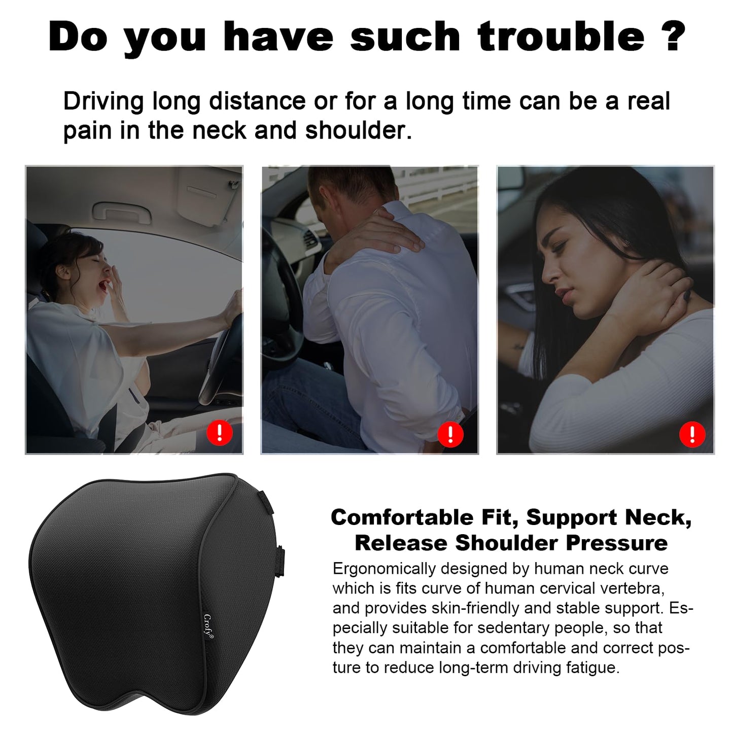 Crofy 2-Pack Car Neck Pillow, Softness Car Headrest Pillow for Driving with Adjustable Strap, 100% Memory Foam and Breathable Removable Cover, Comfortable Ergonomic Design, Black