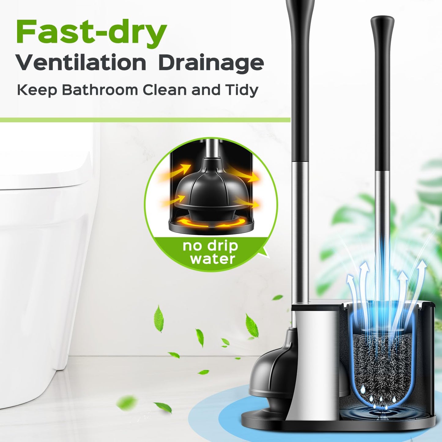 HAMITOR Toilet Plunger and Brush Set: Bathroom Powerful Cleaning Round Bristle Brush - Stainless Steel Heavy Duty Unclogging and Bowl Brush Combo - Compact Home Apartment Restroom Decor Accessories