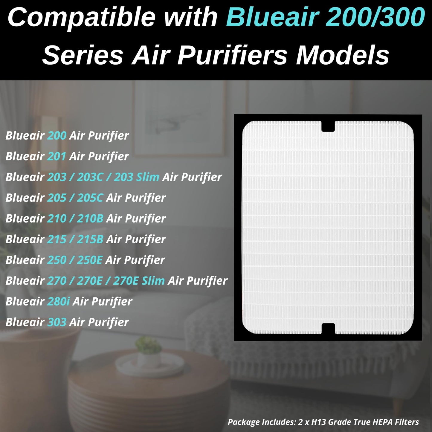 2 Pack Replacement Filters for Blueair 200/300 Series - H13-Grade Particle Filter - Compatible with Classic 200, 201, 203, 205, 210, 215, 250, 270/270E, 280i, 303