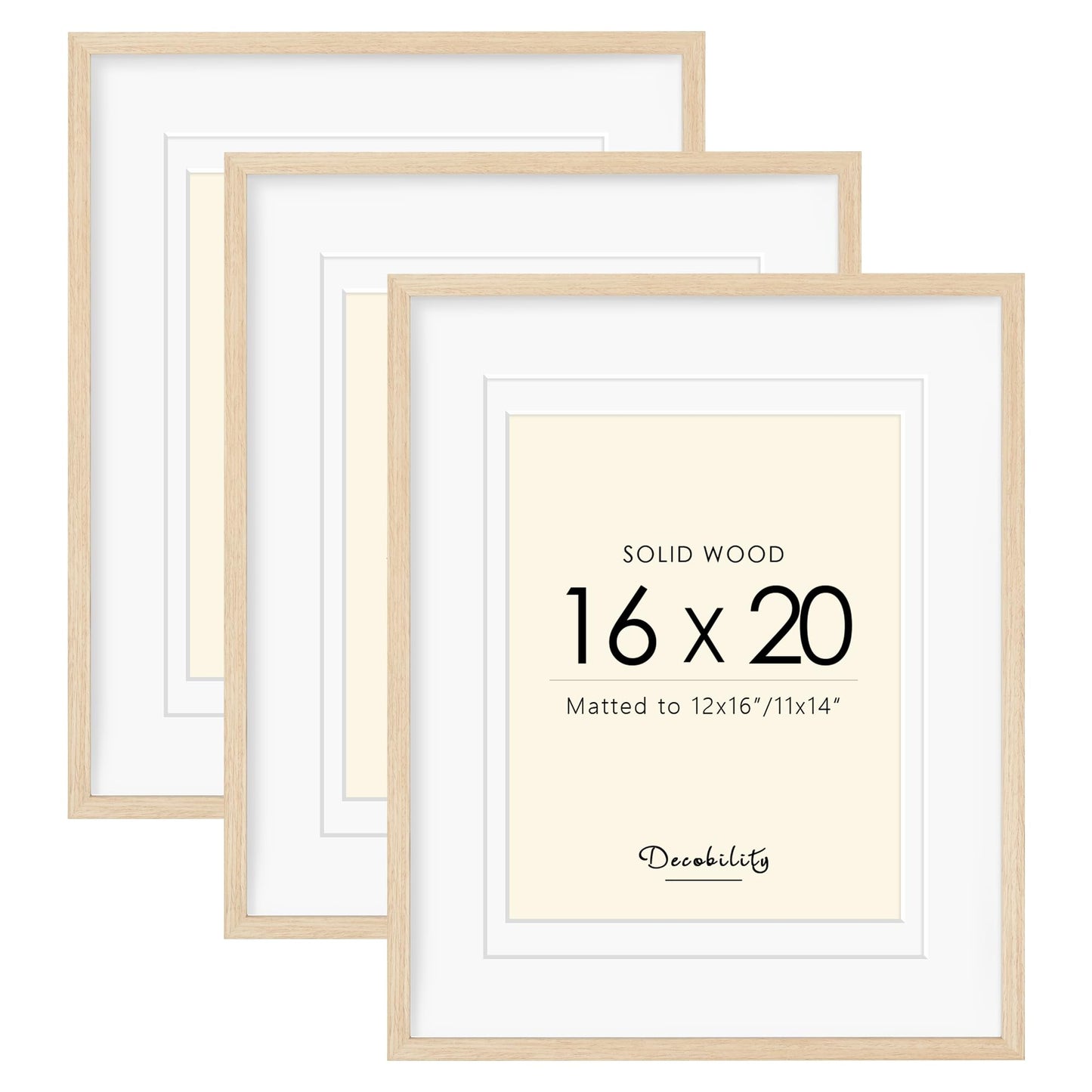 Decobility 16x20 Picture Frames Matted for 11x14 and 12x16 Picture, Set of 3 Solid Wood Picture Frame with Plexiglass, Wall Gallery Frame Set for Tabletop or Wall Mounting Display (3 Pack of Oak)