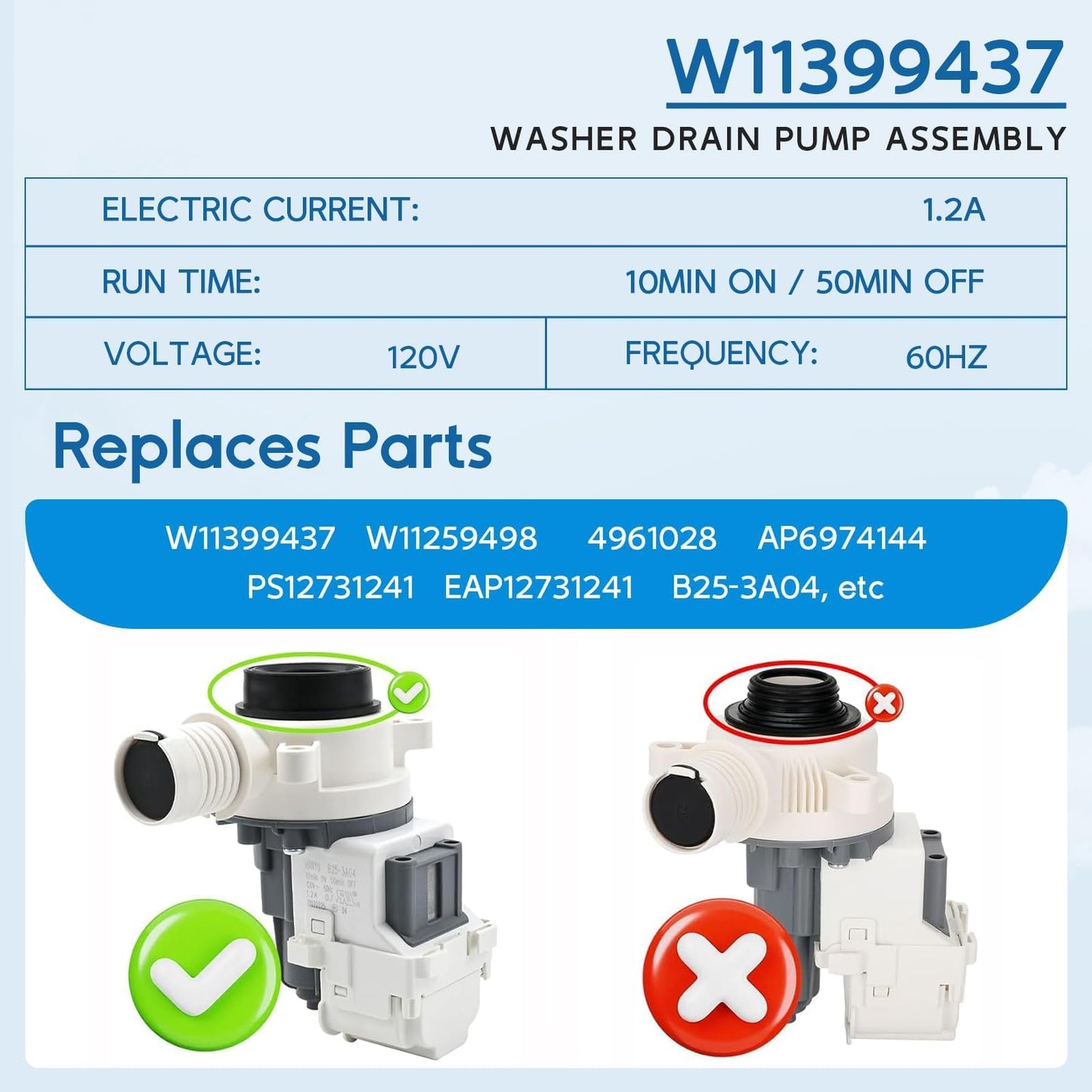 Upgraded W11399437 W11259498 Washer Drain Pump Assembly for Whirlpool WTW5000DW3 WTW5010LW0 WTW5105HW1 WTW5057LW0, for Maytag MVW4505MW1 MVW5430MW0 MVWC565FW3 MVW6200KW1 Replaces 4961028 AP6974144