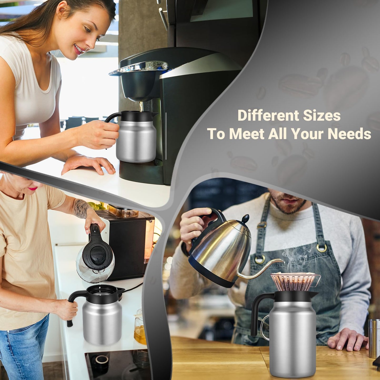 WYHVAND 51oz Thermal Coffee Carafe for Home & Office, 12H Hot Insulated Pitcher with Drip-Free V-Spout and Easy Clean 2.75" Wide Mouth, Silver