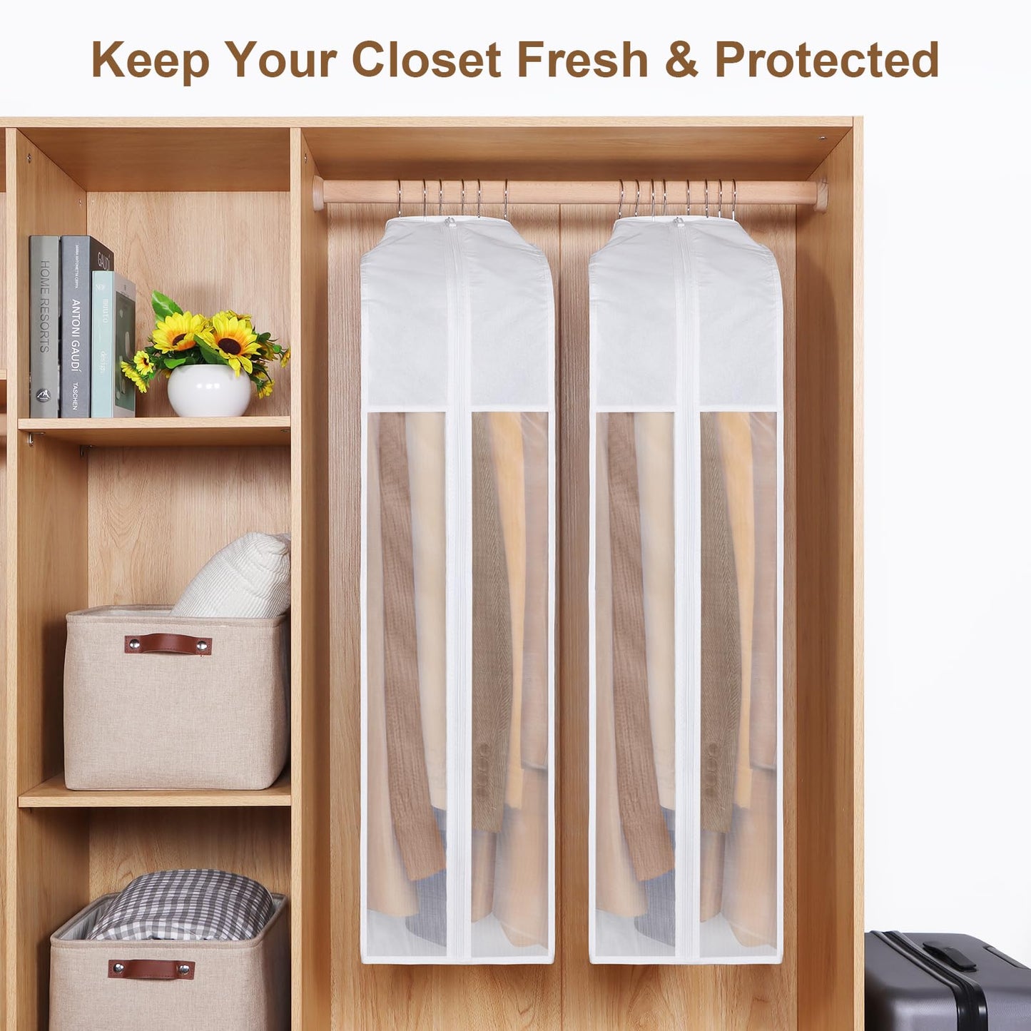 Kntiwiwo 43" Premium Cotton Garment Bag for Hanging Clothes, Breathable Suit Bags for Closet Storage with Extre Large 10" Gusseted & Clear Window, Dust Cover with Zipper for Suits, Jacket, 3 Pack