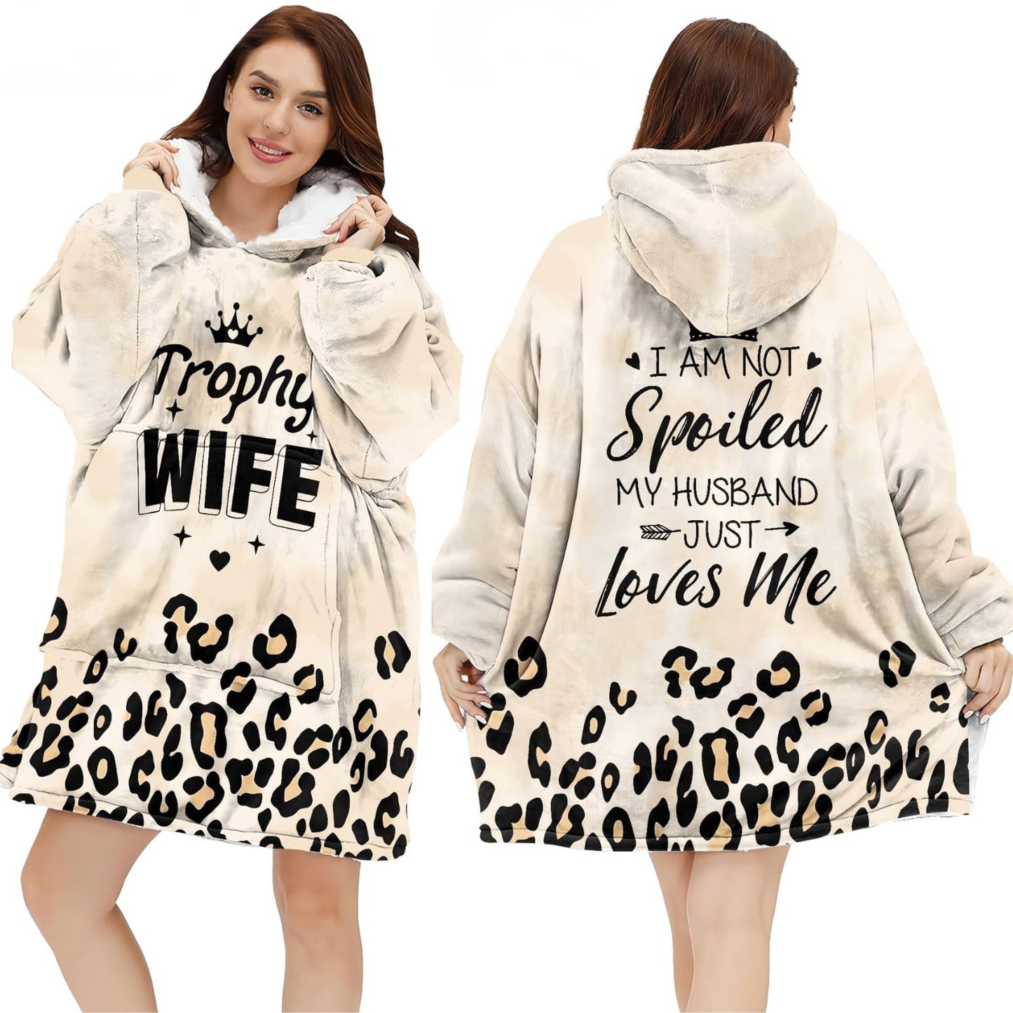 Warmstorey Wearable Blanket Hoodie Leopard Trophy Wife Hoodie Blankets - Cozy Wearable Hoodies Blanket From Husband - Anniversary Birthday Gifts For Wife - Wife Mothers Day Gifts From Husband
