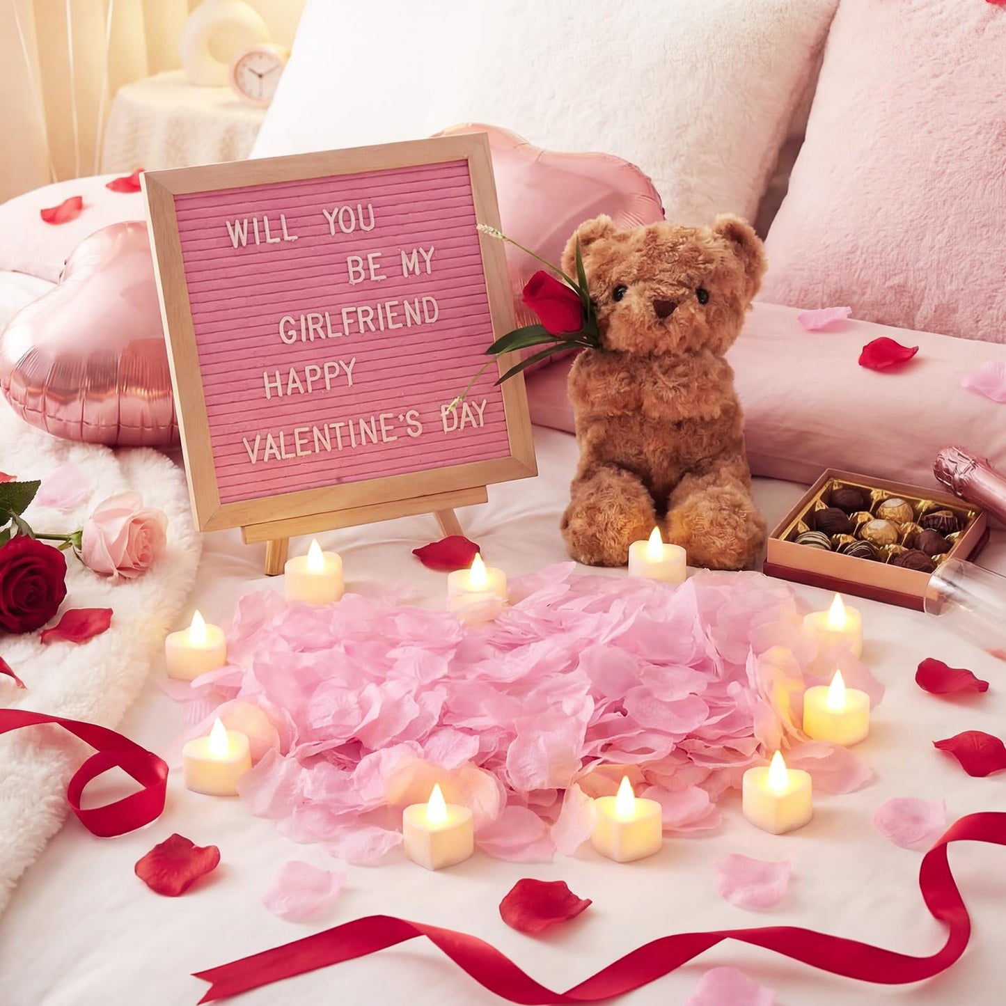 Ceenna Will You Be My Girlfriend Romantic Sign with LED Candles and Artificial Rose Petals, Bear Stuffed Animal Gift with Rose DIY Felt Letter Board Sign for Surprise(Pink)