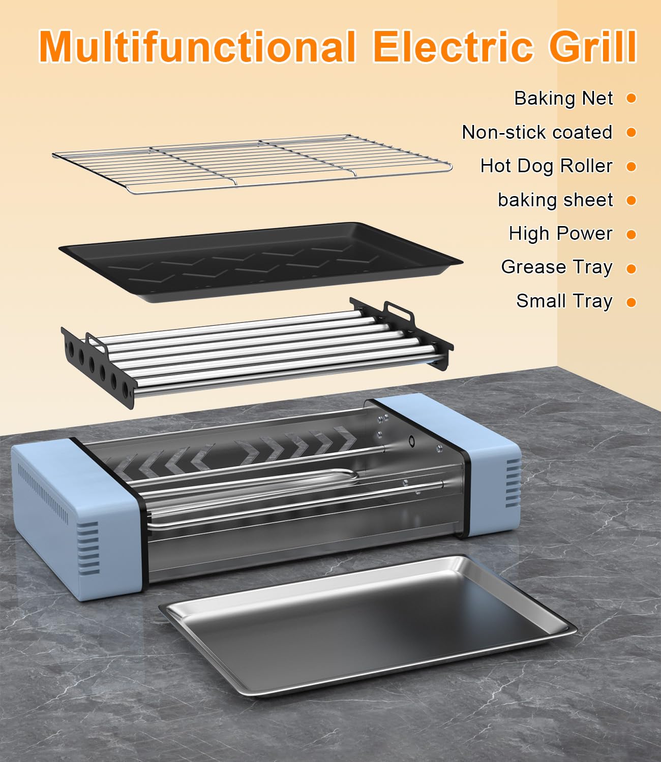 3-in-1 Electric Grill with Hot Dog Roller, Portable Indoor Outdoor BBQ Grill, Griddle and Sausage Roller Machine with Removable Non-Stick Plate & Drip Tray, for Tailgate, Camping, RV, Home Kitchen