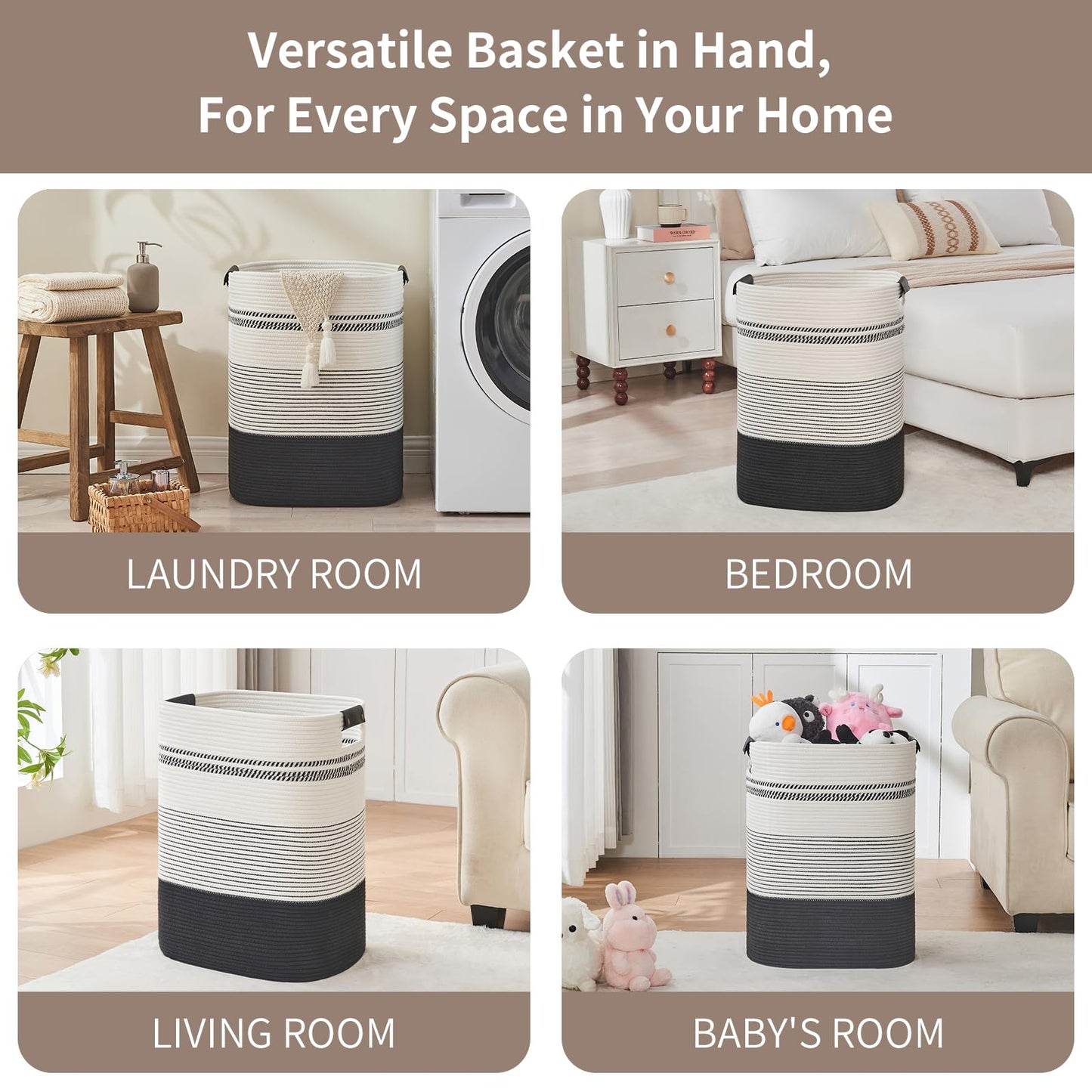 DOFASAYI Laundry Hamper - 85L Large Laundry Basket with Leather Handles, Decorative Storage Basket for Blankets - Clothes Hamper for Living Room, Bedroom, Black & White