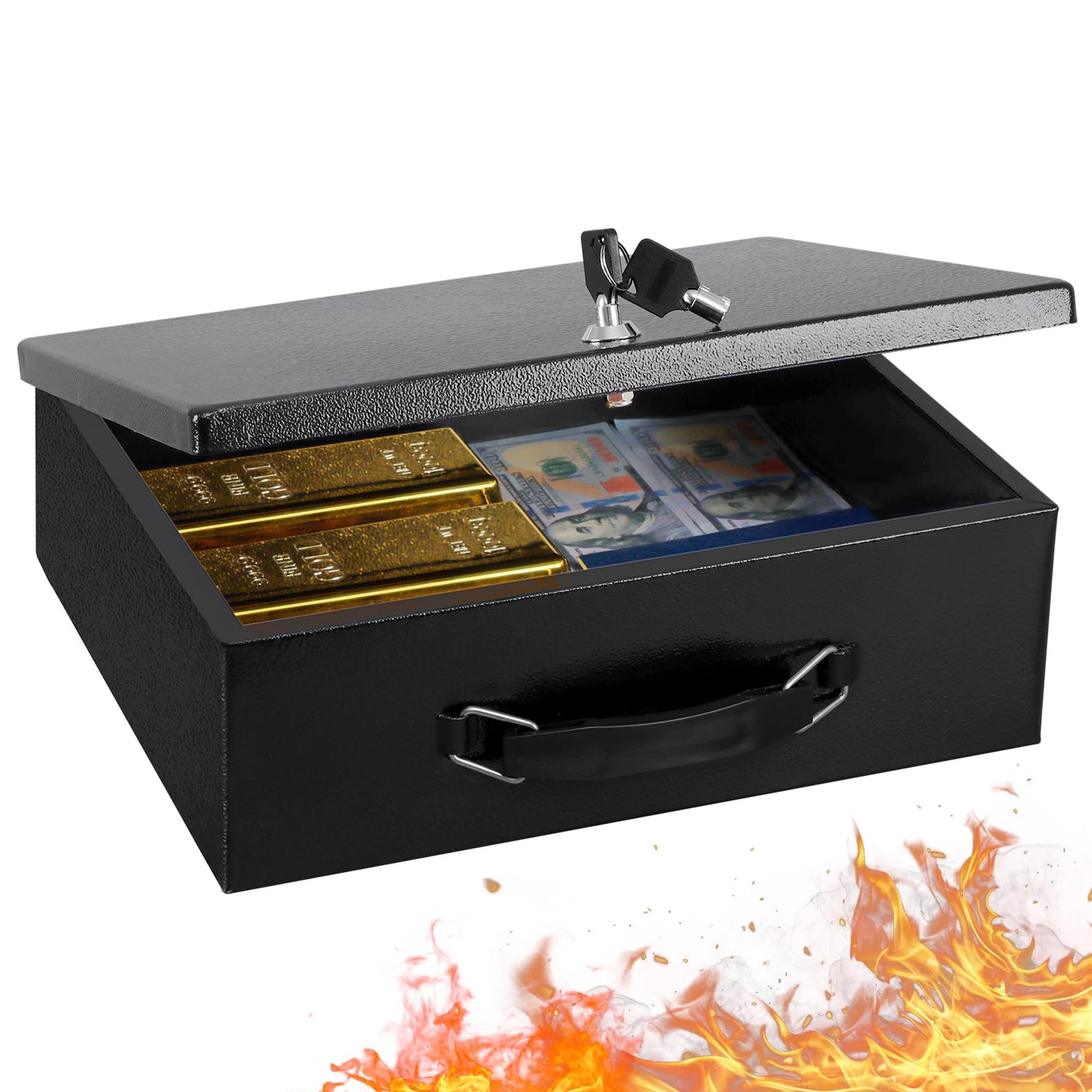 KYODOLED Fireproof Document Box with Key Lock, Large Safe Storage Box for Valuables, Fire Resistance Security Chest, Lock Box for Passport, Cash, Tablet 12.9'' x 10.7'' x 4.2'' Black