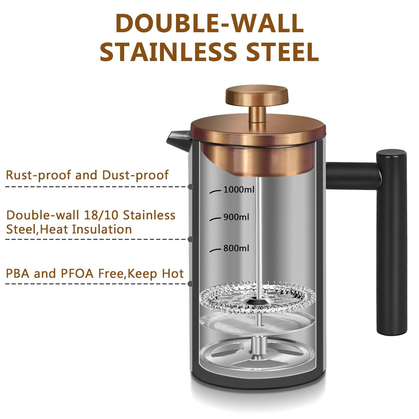 WORBIC Black Large French Press Coffee Maker 50oz, Double Wall Insulated French Press Stainless Steel,for Coffee&Tea,with 3 Extra Screens and a Coffee Spoon, 50oz/1500ml, Gold
