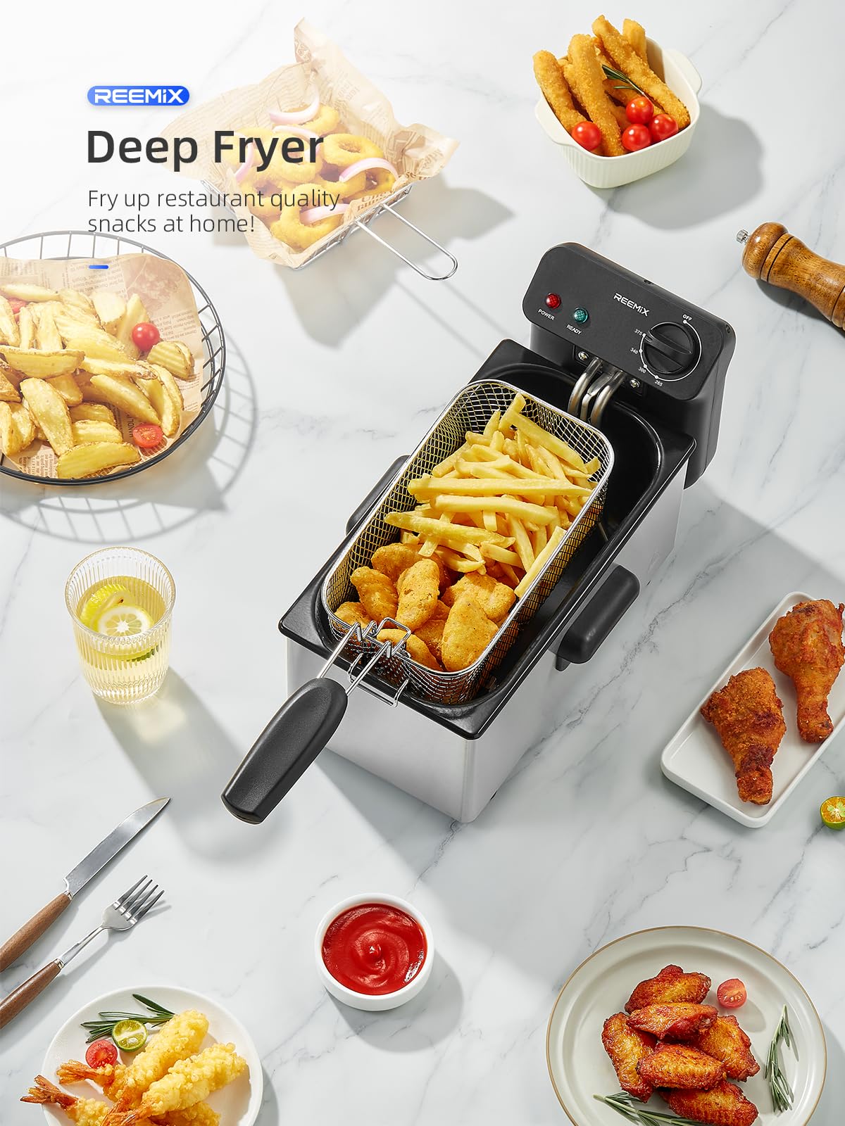 Reemix 3L Electric Deep Fryer 1500W, Adjustable Temperature up to 375°F, Detachable & Dishwasher Safe Oil Pot, Small Countertop Fried Chicken Maker, Stainless Steel