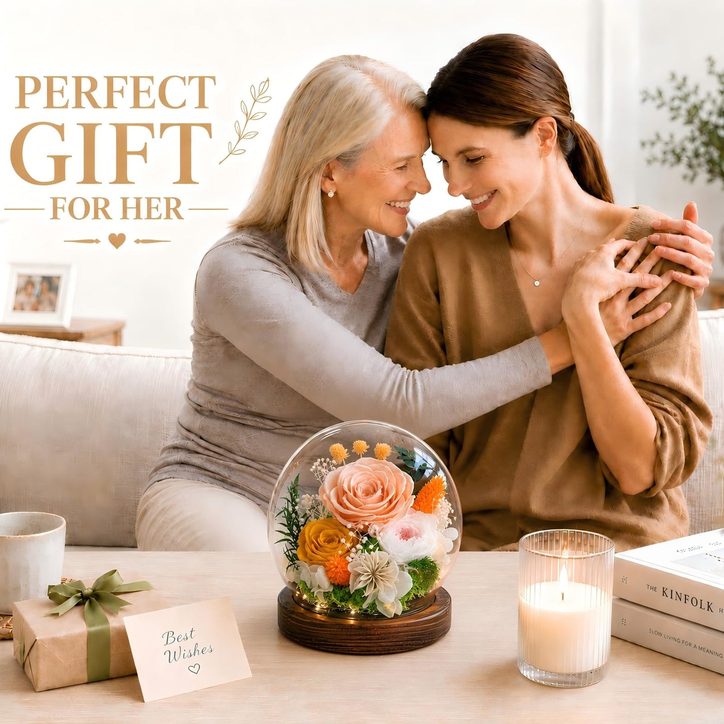 FIACO Gifts for Mom Flowers for Delivery Birthday Gifts for Women Grandma Forever Preserved Eternal Rose in Glass Dome Mother Days Valentines Anniversary for Girlfriend Wife Her, Champagne