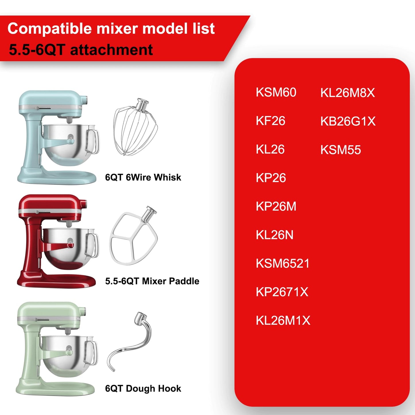 Stainless Steel Kitchen Mixers Accessories Compatible with Kitchen Aid Mixer and 5.5-6 Qt Bowl. KN256 6-Wire Whip, 5.5-6QT Flat Beater, 6QT Dough Hook Attachment Dishwasher safe