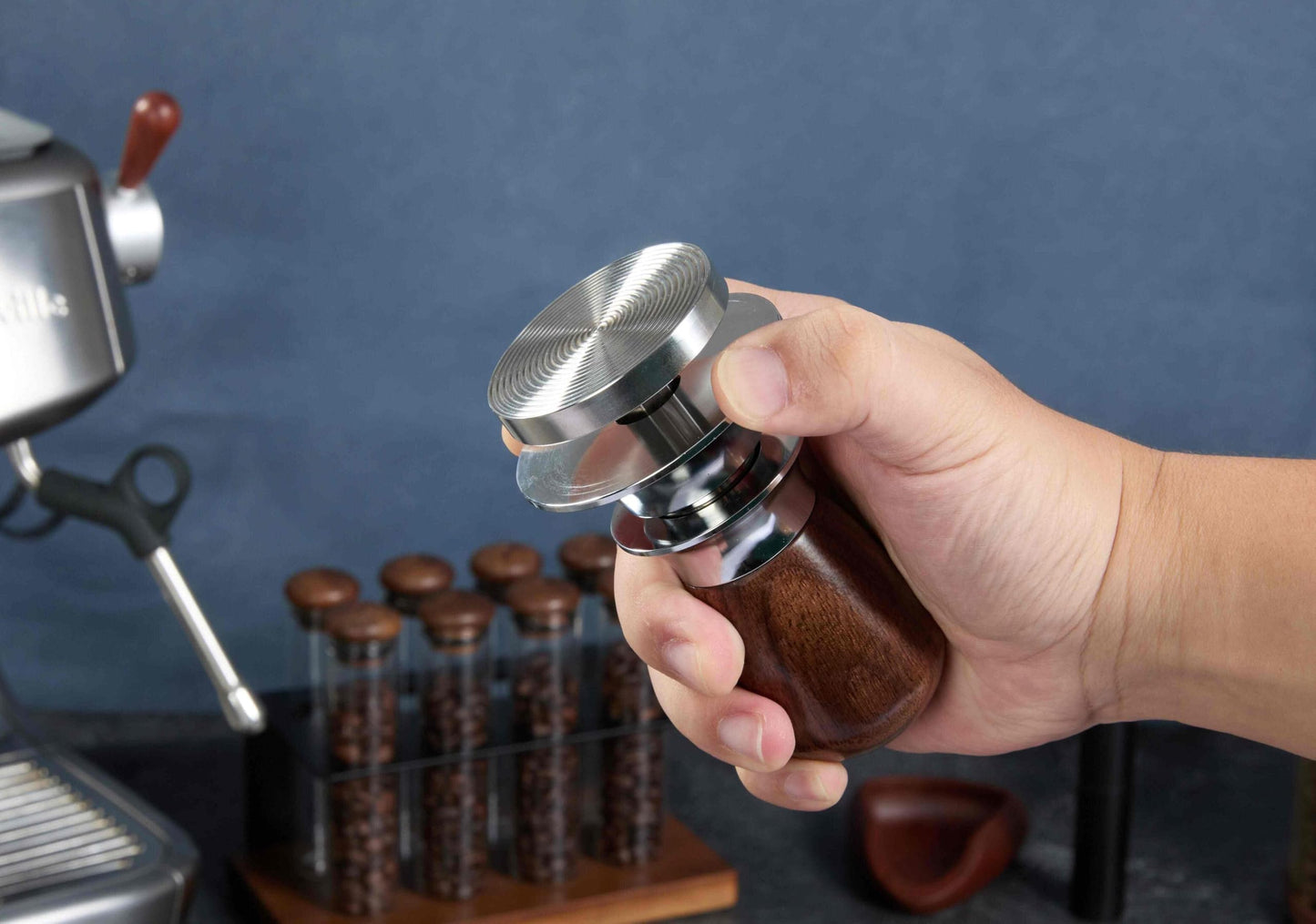 Teyearlife 53.3mm Calibrated Espresso Tamper for Breville 54mm Portafilter, 30lb Spring Loaded Auto-Leveling Tool with Ripple Base & Walnut Handle to Prevent Channeling