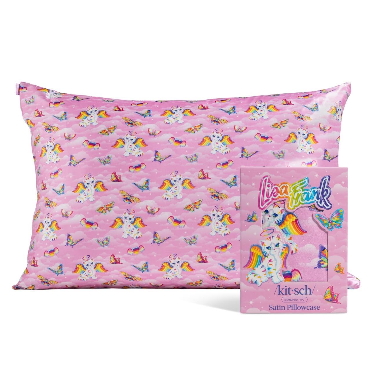 Lisa Frank x Kitsch Satin Pillowcase with Zipper for Hair & Skin - Softer Than Silk Pillow Cases, Smooth Cooling Satin Pillow Case, Wrinkle-Free Pillow Cases Standard Size (19x26) - Angel Kitty