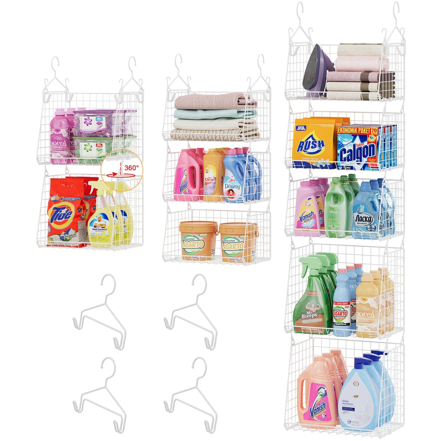 Sonyabecca 5-Tier Hanging Laundry Basket Organizer: Foldable Wire Shelf Basket with 4 Large Hooks 1.65" & 360°Rotating Hooks – Space-Saving Laundry Room Organization for Wardrobe Closet, White Patent