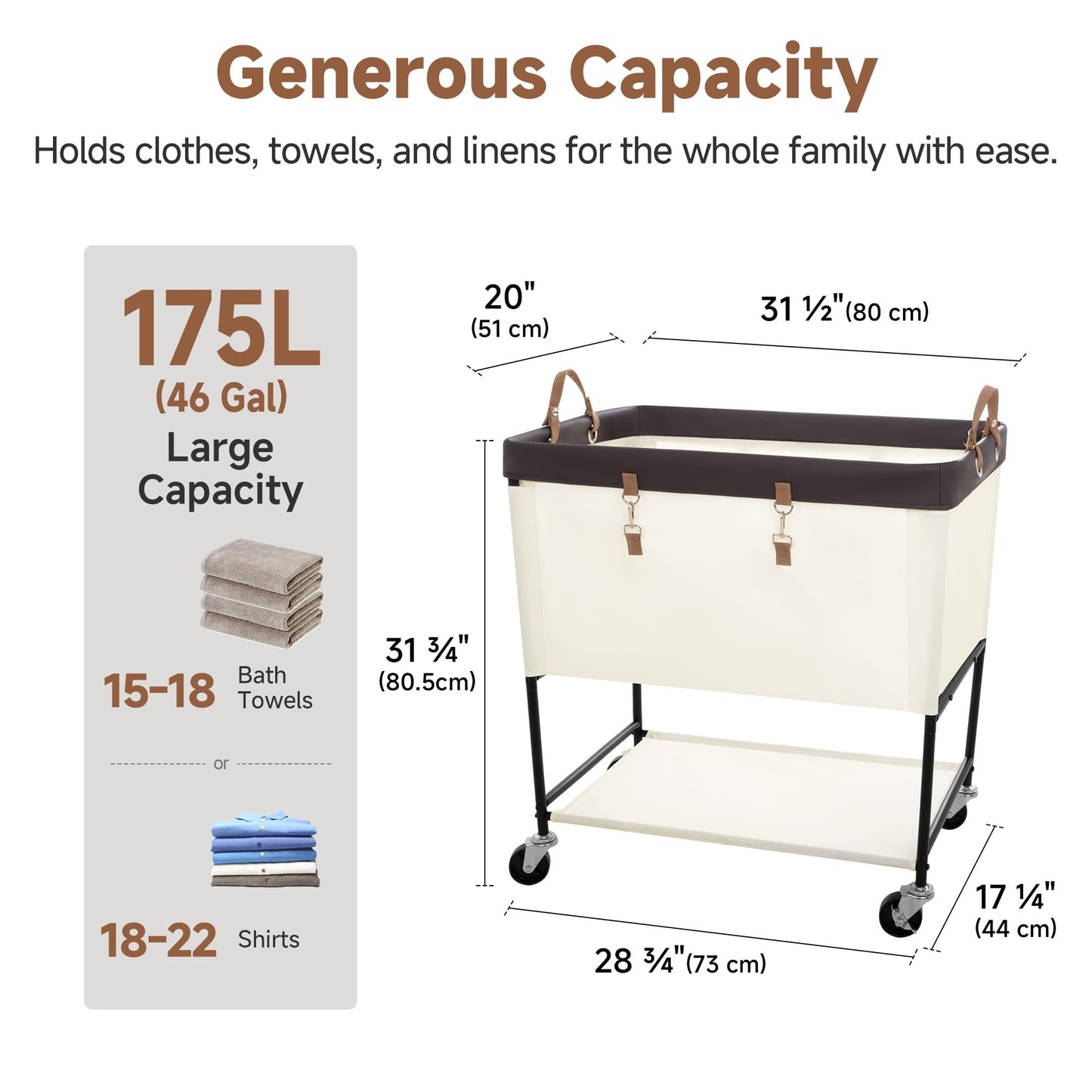 StorageWorks Laundry Cart, 2 Tier Rolling Laundry Basket, Heavy Duty Laundry Basket with Lockable Wheels, Laundry Room Organization and Storage, Clothes Hamper for Bedroom, Dorm, Closet, 46Gal, Beige