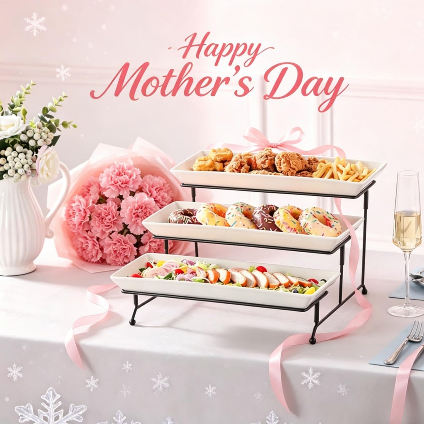MALACASA 3 Tier Serving Tray, Porcelain Tiered Cupcake Stand, Ceramic Elevated Serving Platter with Collapsible Sturdier Rack,Series PLAT (White, 14 Inch)