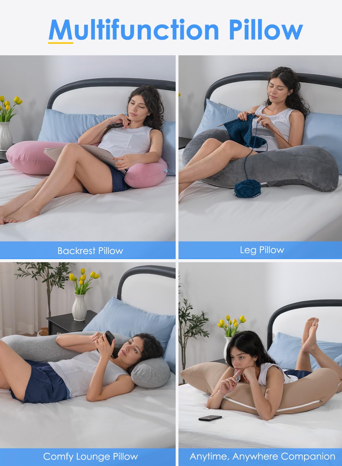 QUEEN ROSE Body Pillow, Full Body Support Pillow for Side Sleepers, Cooling Soft S Shaped Hug Pillow for Adults, Grey