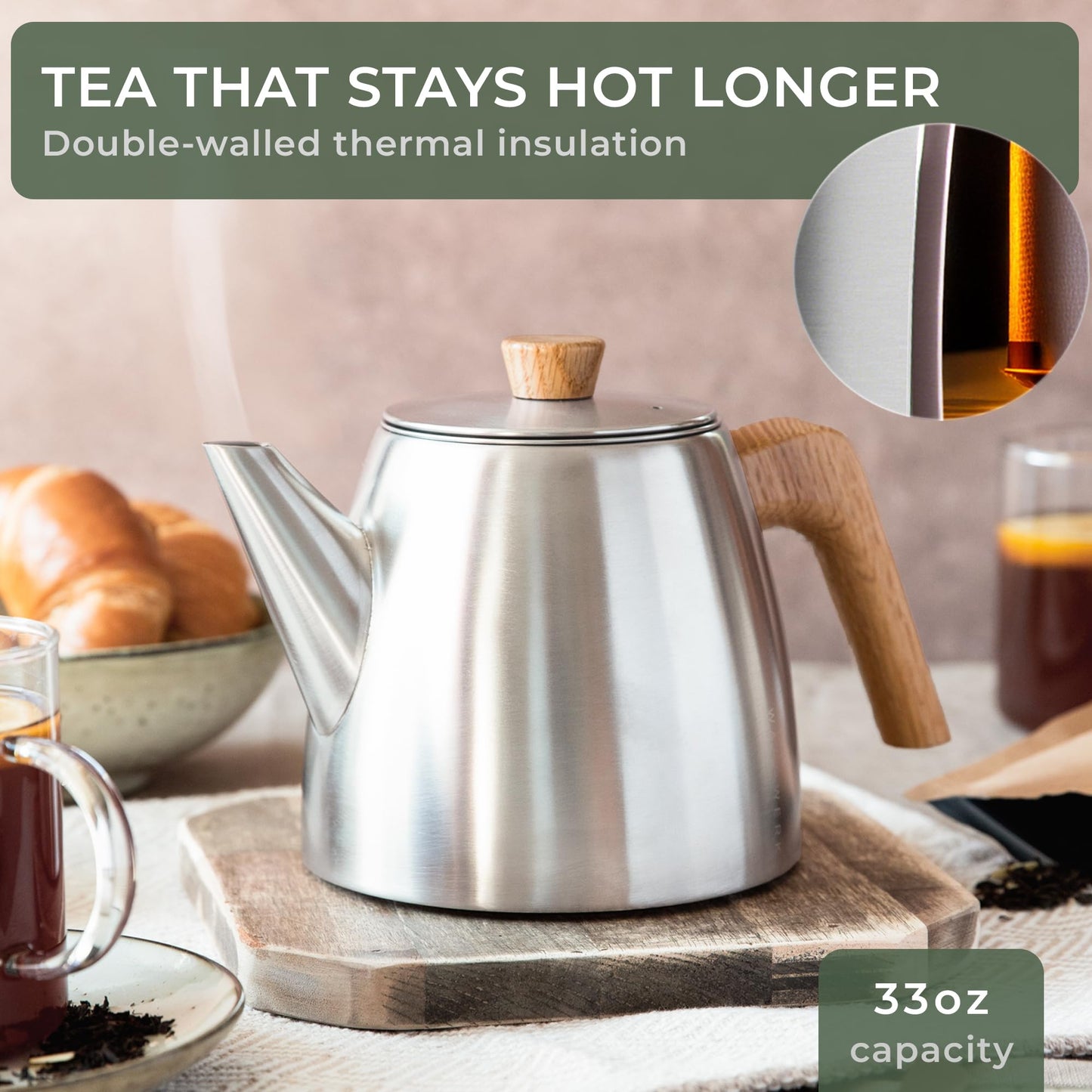 WALDWERK Tea Pot with Infuser - Double Wall Stainless Steel Teapot - Tea Pot with Infuser for Loose Tea - Made from 304 Stainless Steel and Oak Wood - Isolated Teapot with Strainer - 100% Drip Free