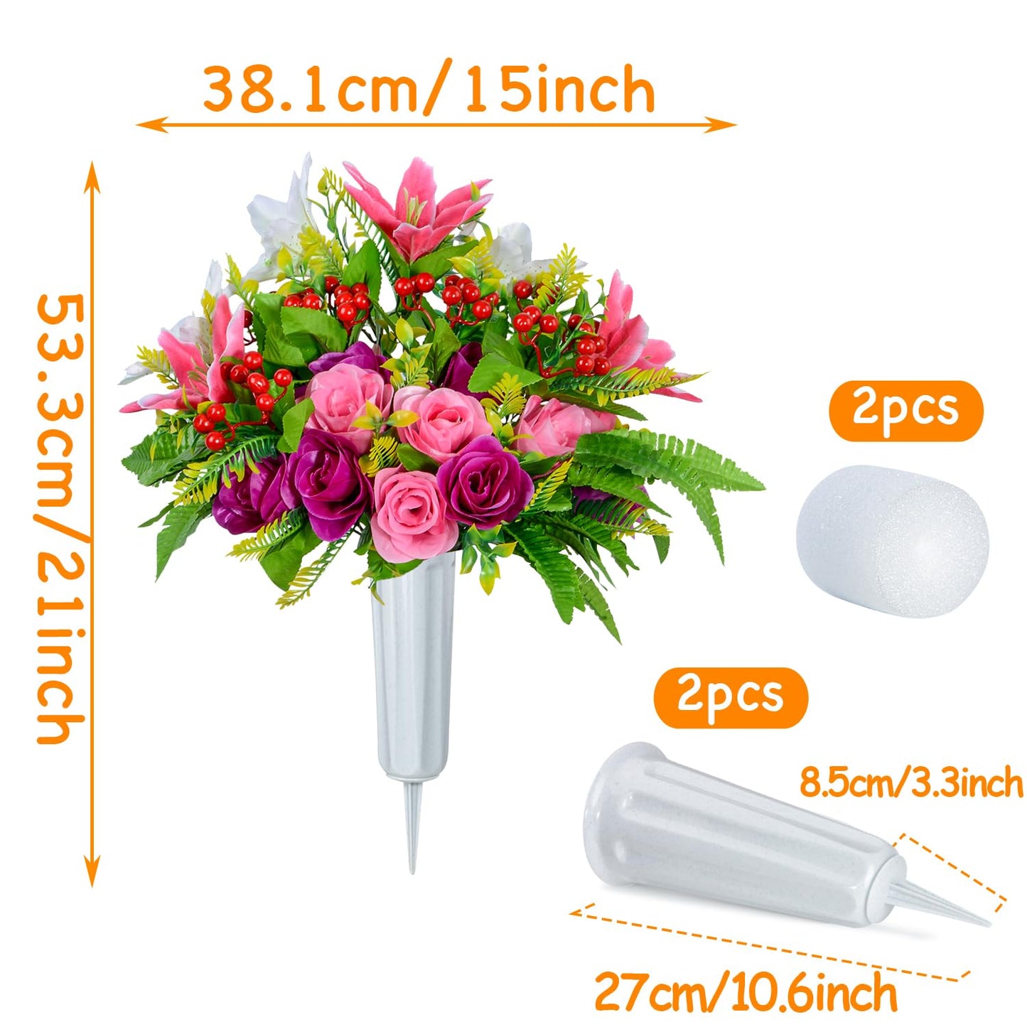 XONOR Artificial Cemetery Flowers with Vase, Set of 2 Artificial Rose Lily Bouquet Graveyard Memorial Flowers for Cemetery Headstones Decoration