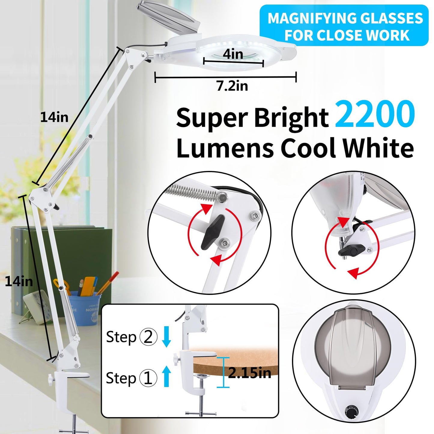 KIRKAS 10X & 30X Magnifying Glass with Light and Stand, 2200 Lumens Dimmable LED Magnifying Lamp, Real Glass Lens Lighted Magnifier Light for Craft, Reading, Repair, Hobby, Close Work- White