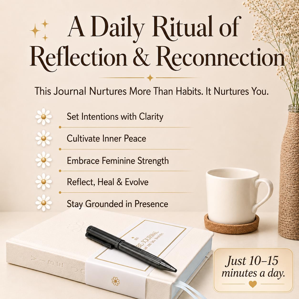 Journal & Pen Set for Women | Guided Mindfulness Journal with Elegant Brass Pen | 13-Week Self-Care, Gratitude & Personal Growth Journey | A5 Vegan Leather | Premium Gift Box | Her Vibe