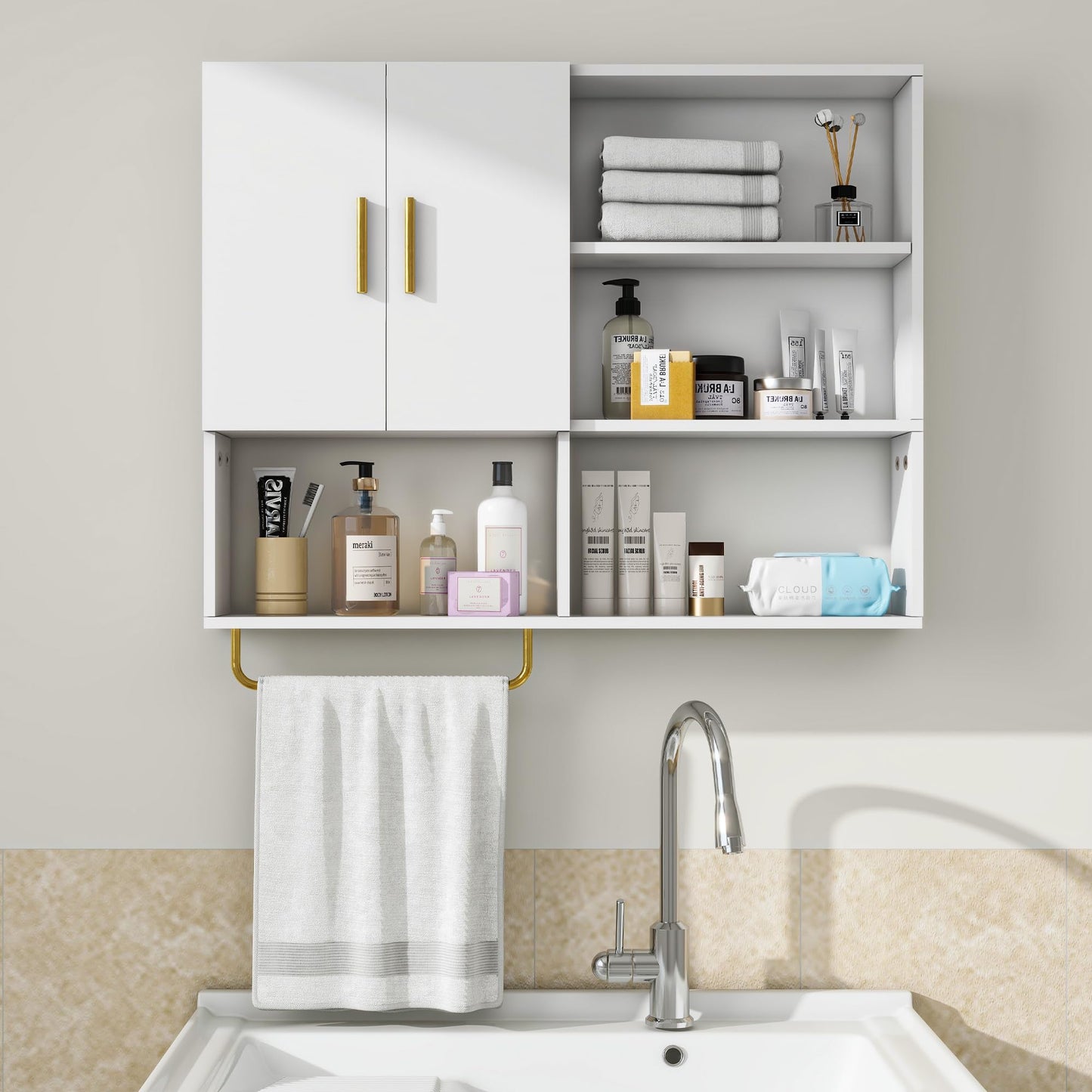 Tltaroni Bathroom Wall Cabinet Wood Large Wall Mounted Medicine Cabinet with 2 Doors and 4 Open Shelves Over Toilet Storage Cabinet Organizer with Towel Bar,White