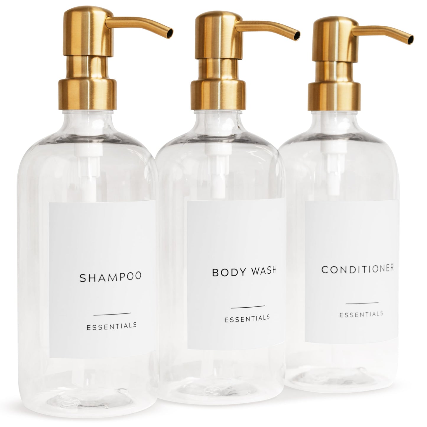 Stylish Shampoo and Conditioner Dispenser Set of 3 - Modern 21oz Shower Soap Bottles with Pump and Labels - Easy to Refill Body Wash Dispensers for an Instant Bathroom Decor Upgrade Clear