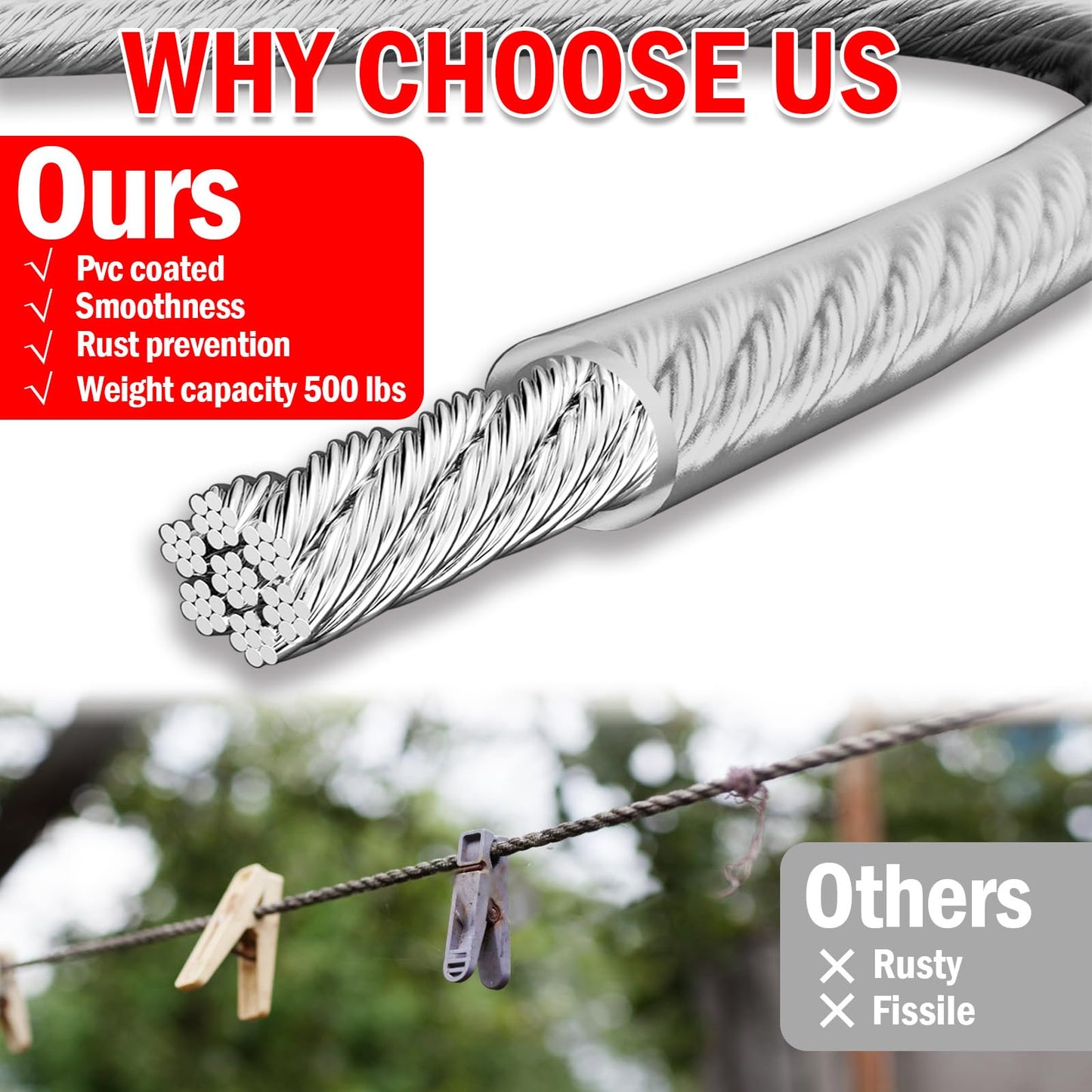VIVBOO 40ft Clothes Line Outdoors 3/16" Wire Ropes Silver PVC Coating Laundry Drying Clothesline Retractor with Metal Hooks Heavy Duty for Umbrella Travel Outside Camping Backyard