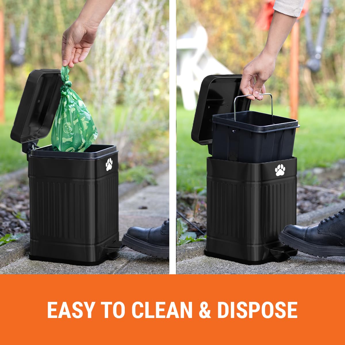 Pupzle Small Dog Poop Trash Can Outside, 1.3 Gal Metal Dog Waste Trash Can, Small Poop Bucket Outdoor with Lid, Poo Container Bin Waterproof Backyard Odor Control, 30 Bags (Black)