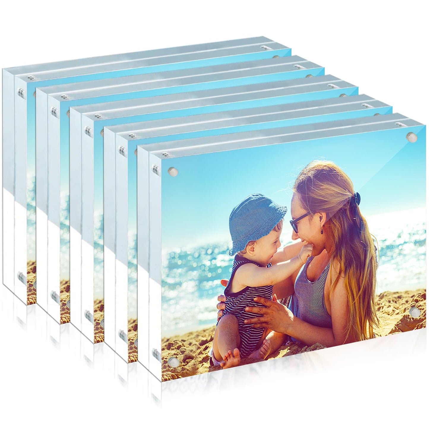 HELPLEX Acrylic Frame, 5 Pack 5x7 Acrylic Picture Frames, 24mm Thicker Frameless Clear Frame Double Sided Magnetic Frame, Free Standing Desktop Display Stand