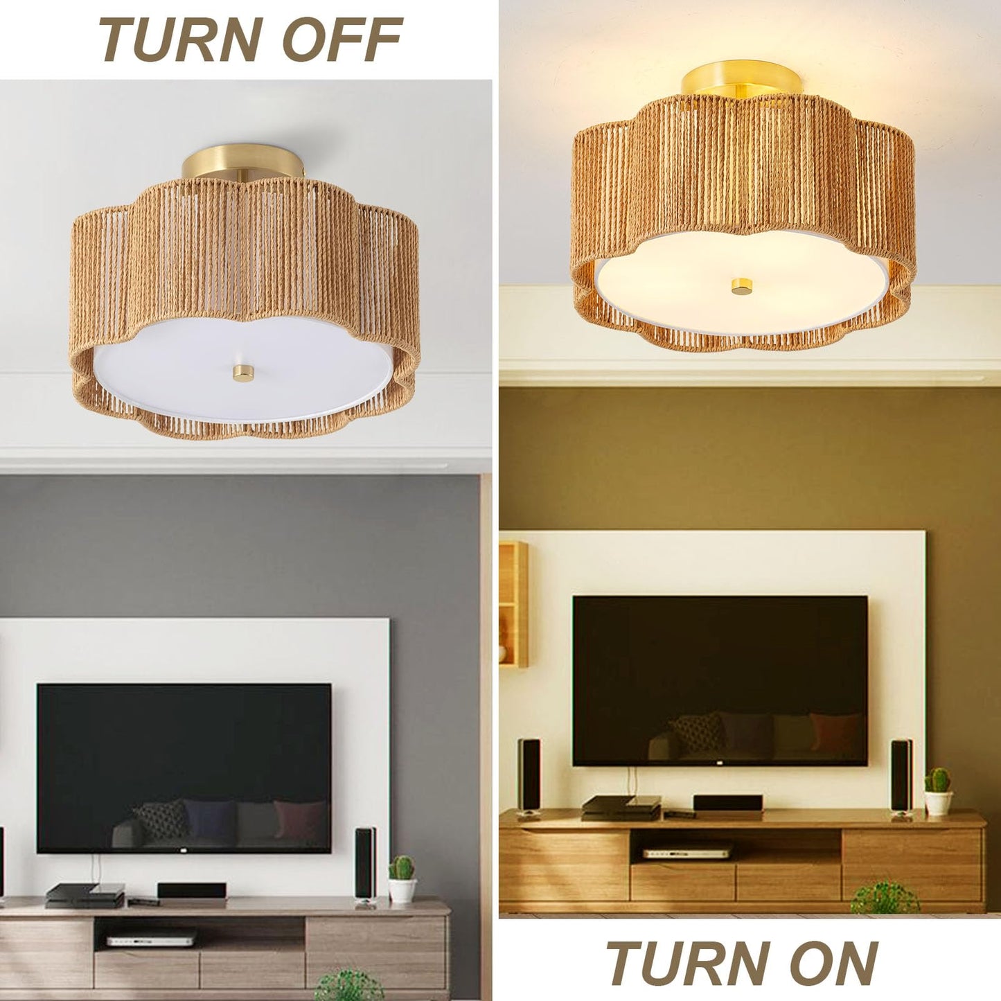 Giutna Rattan Ceiling Light Fixtures Flush Mount,3-Light Boho Light Fixtures Ceiling Mount for Bedroom,Close to Ceiling Light Modern Rattan Chandelier Lighting for Hallway Kitchen Dining Room(Yellow)