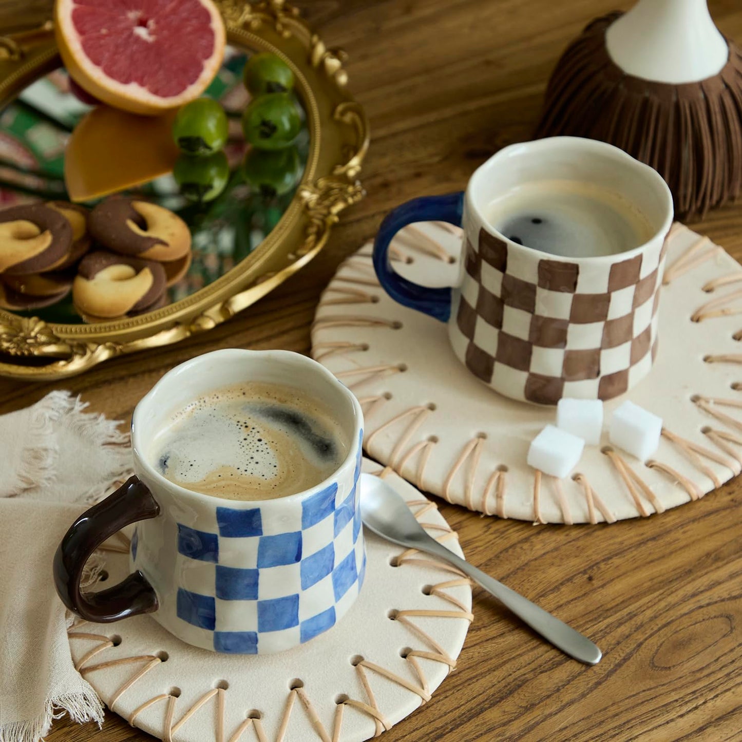 Hand-Painted Ceramic Coffee Mugs Set of 4 – 16oz Large Capacity Artistic Tea Cups with Checkerboard & Striped Patterns, Microwave & Dishwasher Safe for Home, Office, Kitchen (Summer Vibes Collection)