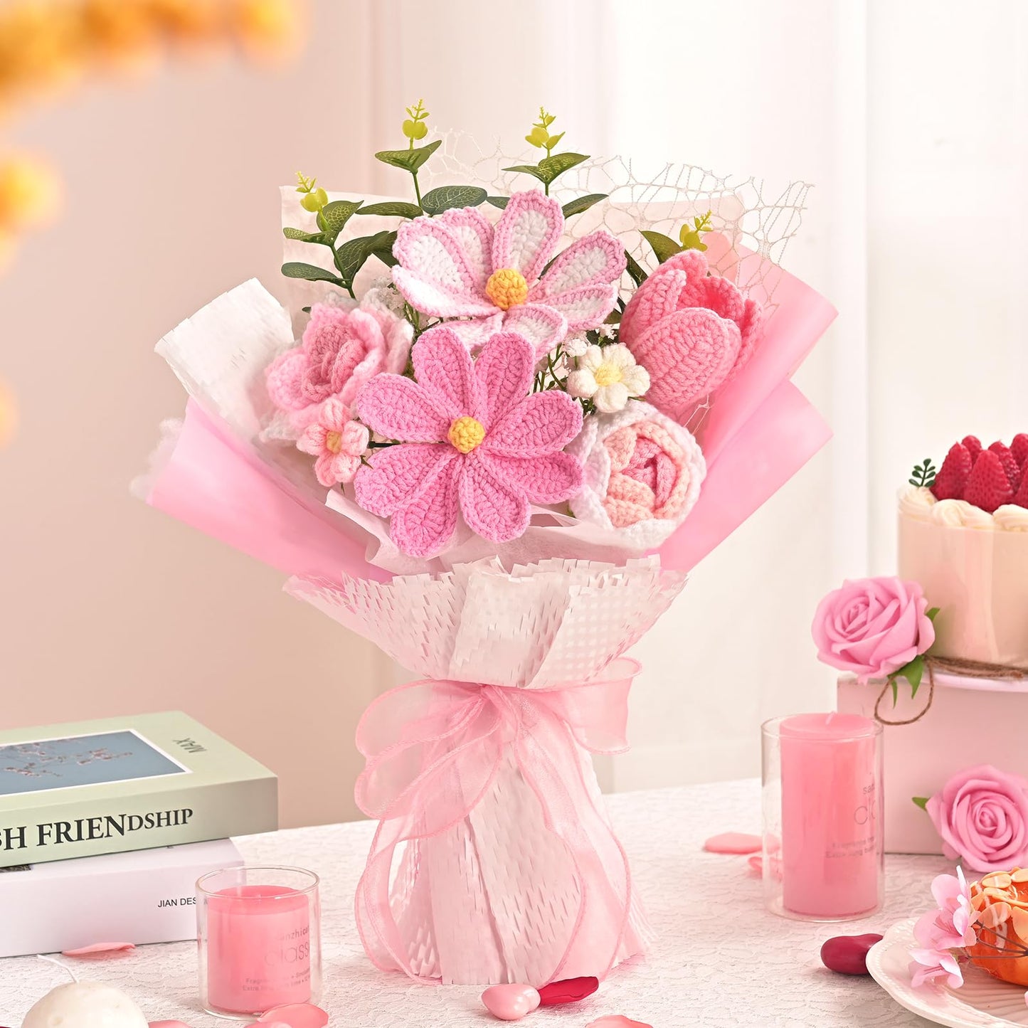 Waipfaru Pink Crochet Flower Bouquet, Handmade Knitted Fake Flowers with Card, Crochet Tulips Roses Flower for Valentines Day Anniversary Birthday Mother’s Day Women Mom Wife Friend