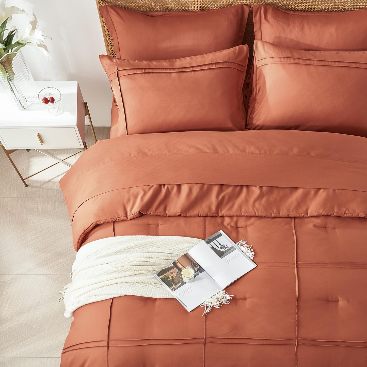 Yogeneg Queen Comforter Set 7 Piece Bed in a Bag,Grid Pinch Pleat Terracotta Bedding Set,Striped Textured Soft Microfiber Comforter with Sheet Set,All Season Complete Bed Set(Terracotta,Queen)
