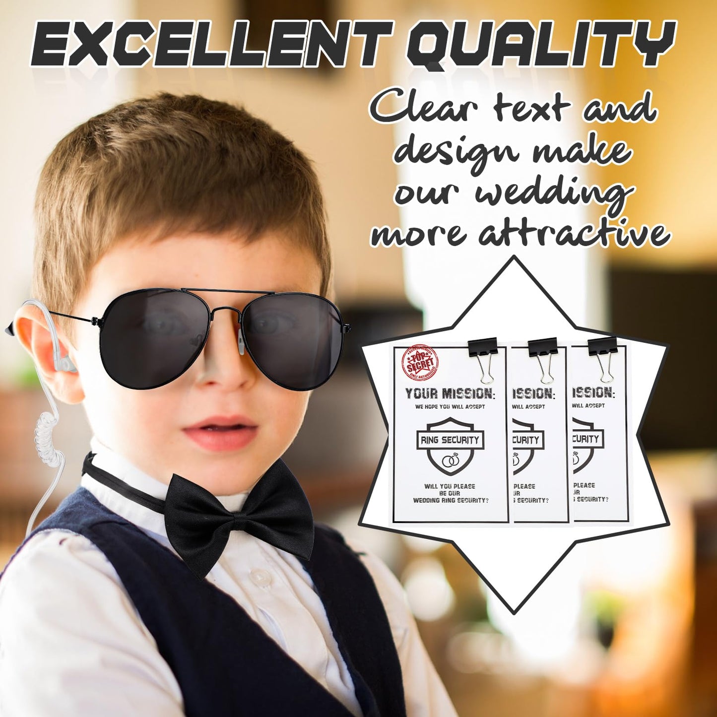 Mepase 21 Pcs Ring Wedding Bearer Security Set Include Ring Bearer Box ID Badge Holder Sunglass Acoustic Earpiece Tube Mission Card with Binder Clip Bow for Kids (Pp Suitcase)