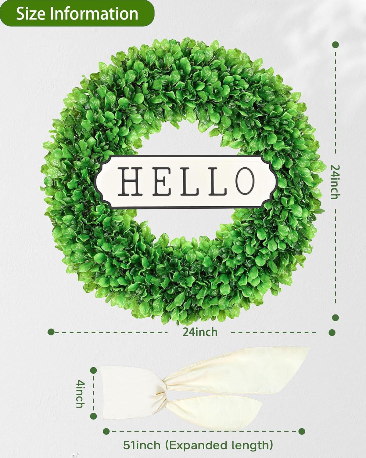 DDHS 23 Inch Large Boxwood Wreath for Front Door, Round Artificial Spring Summer Greenery Wreath with Hello Sign & Sash, Green Wreaths for Farmhouse Wedding Year Round Indoor Outdoor Home Decor