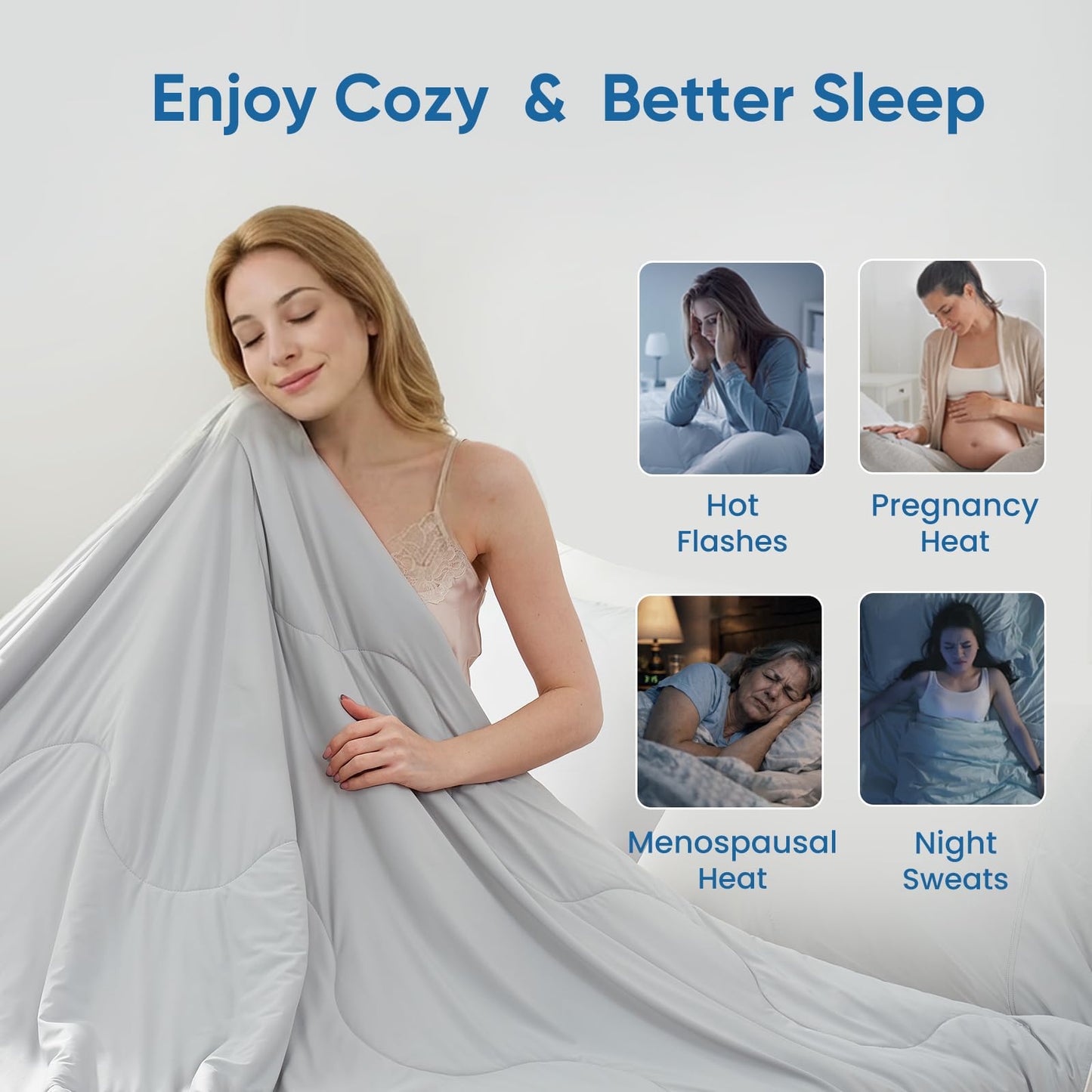 Snuggle Sac Natural Viscose Cooling Comforter Queen Size, Lightweight Breathable Silky Cooling Bedding with Q-Max>0.45 for Bedroom, Home Decor, Hot Sleepers & Night Sweats, Cool Gray 90"x90"