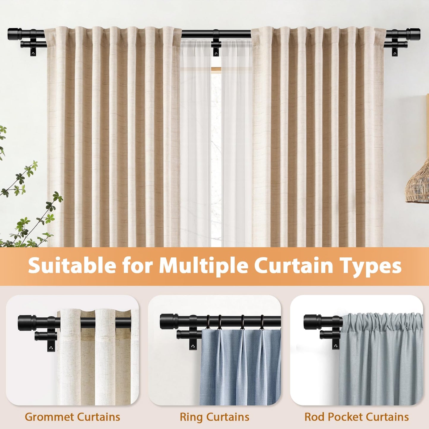Double Curtain Rod 72 to 144 Inch, HOTOZON 1 Inch Heavy Duty Double Curtain Rods for Windows 60 to 140 Inches(5-11.6 ft), Telescoping Drapery Rod with Simple End Finials, Black