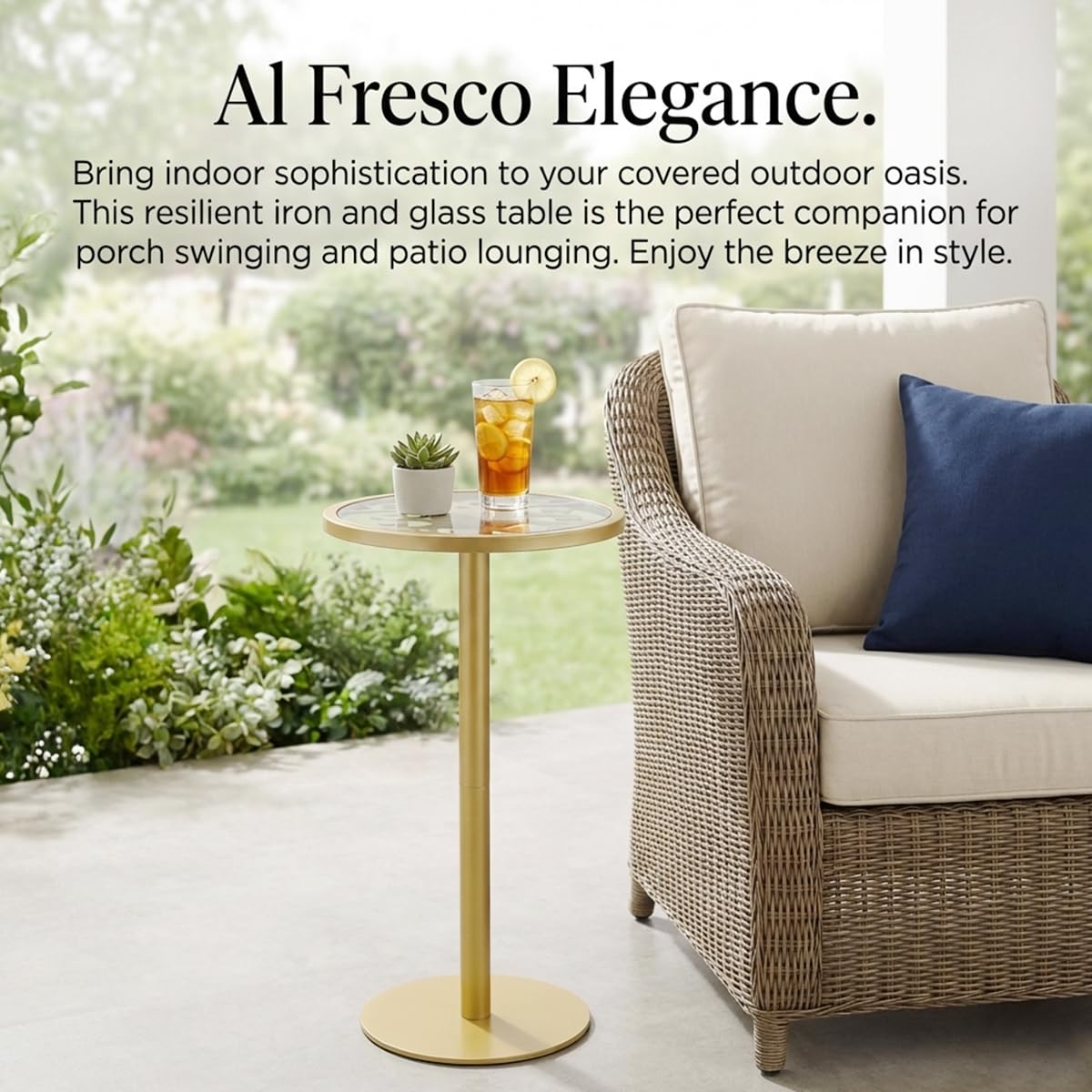 ZEXVIDA Gold Drink Table, Indoor Outdoor Small Round Side Table with Tempered Glass Top & Scroll Design, 24.7" Metal Pedestal End Table for Living Room, Patio, Small Spaces, Weather Resistant