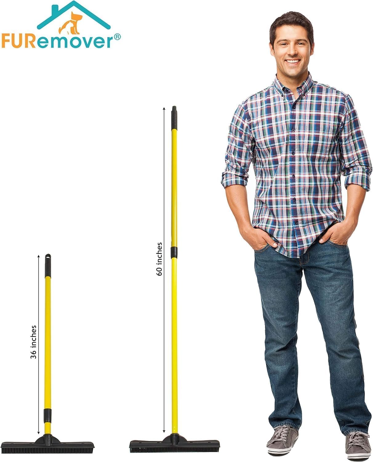 FURemover Pet Hair Removal Rubber Broom, 58" Telescopic Handle with Cloth