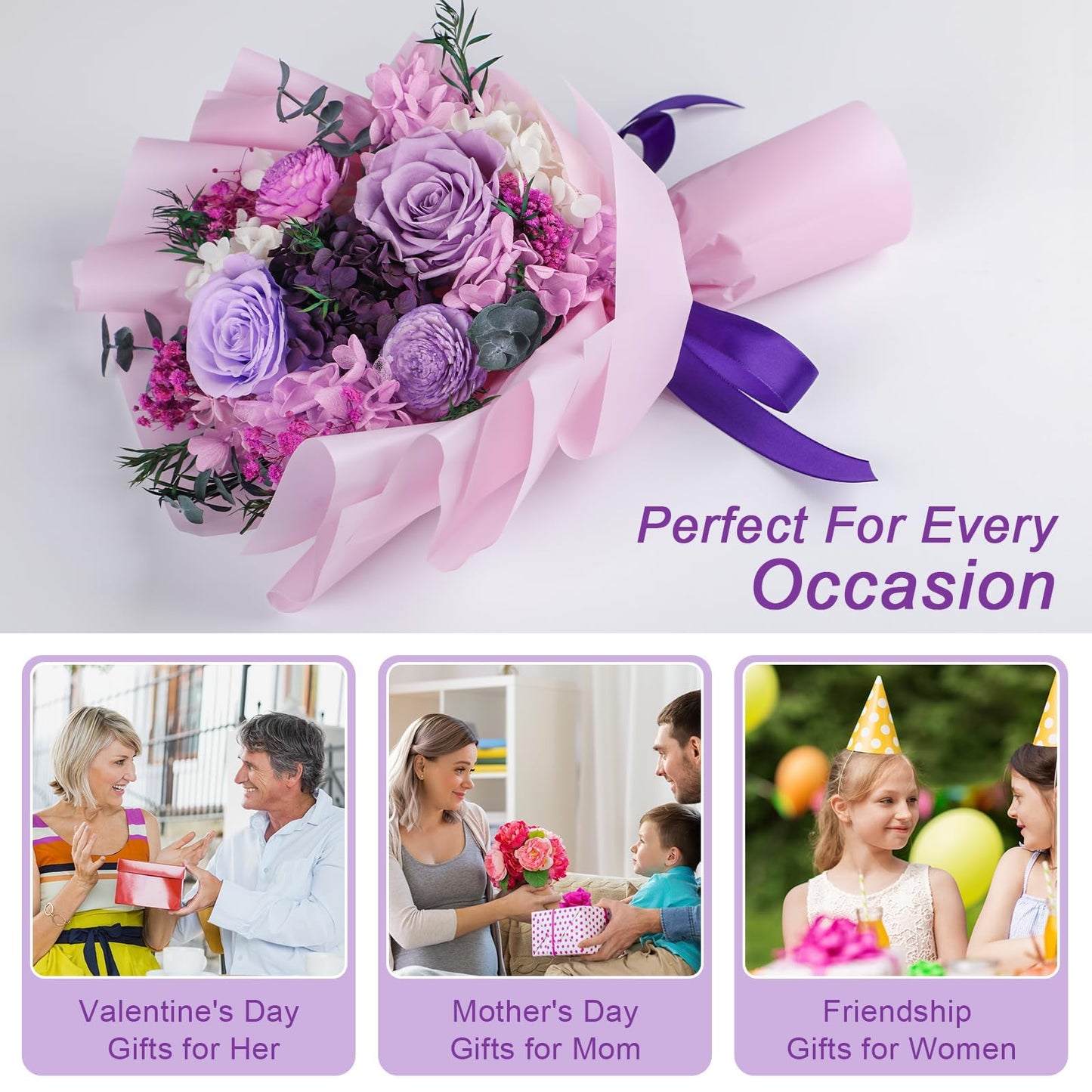 HOTKBO Flowers for Delivery, Preserved Flowers Bouquets – 4 Eternal Purple Preserved Roses that Last 2-3 Years, Birthday Gifts for Women, Forever Roses Bouquet for Graduation,Anniversary,Home Decor