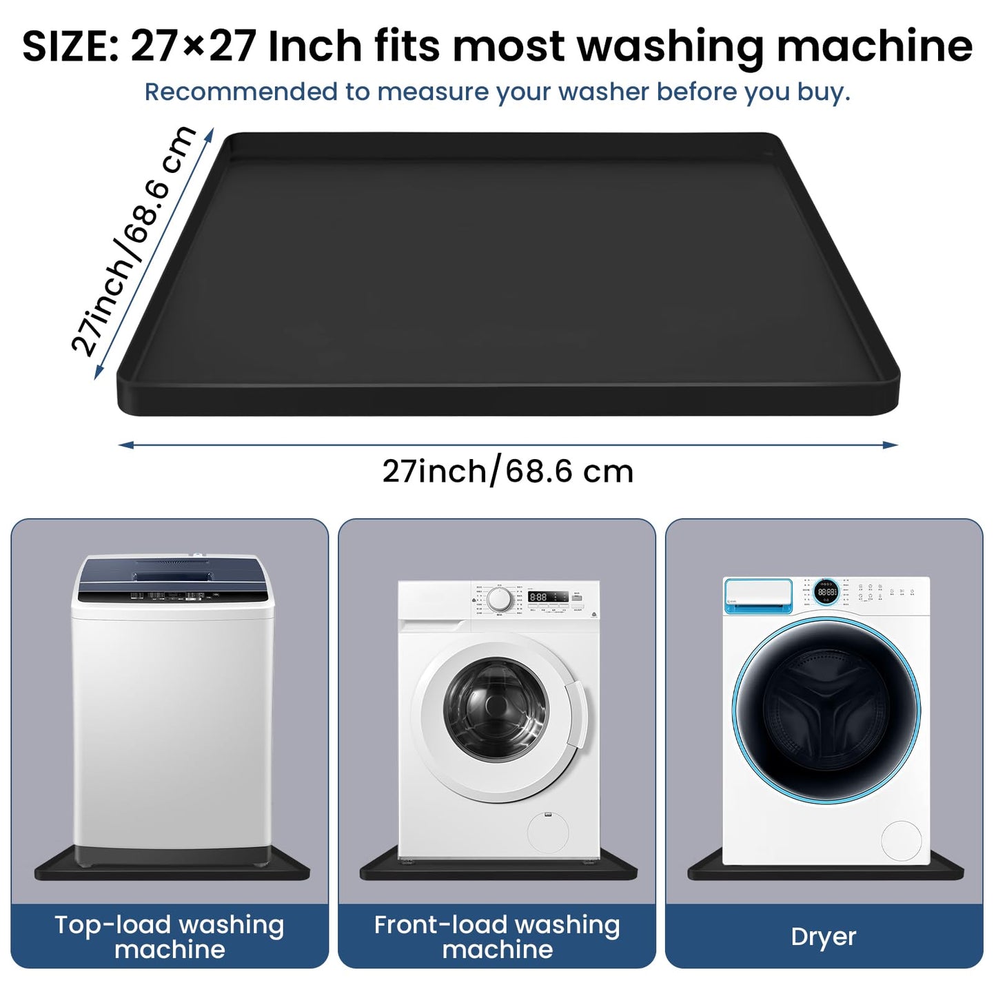 2-Pack Silicone Washing Machine Drip Pan - 27X27 inch Washing Machine Tray with Raised Edge, Non-Slip Trays for under Washer and Dryer, Washer Tray for Floor Protection, Washer Drain Pan (Black)