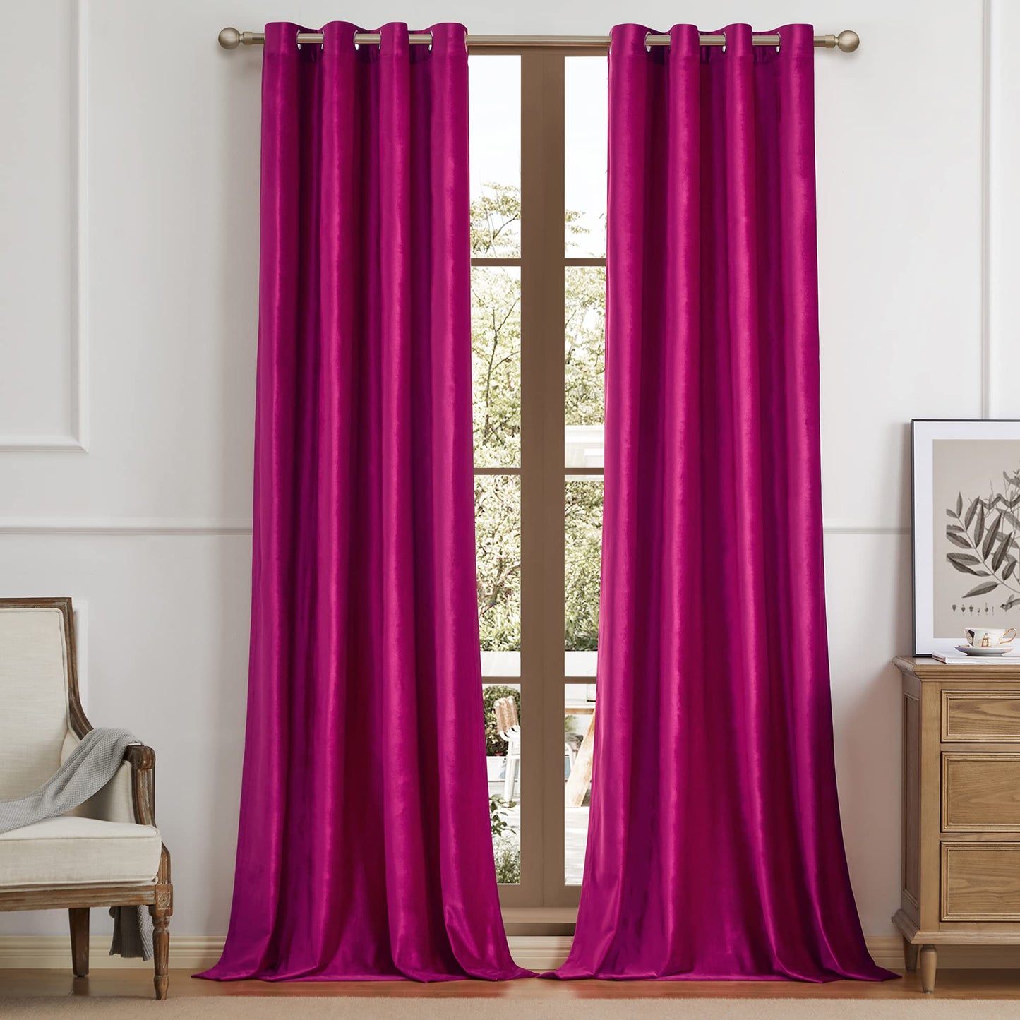 BULBUL Living Room Polyester Velvet Window Curtains 84 inch Length- 2 Panels Hot Pink Blackout Window Drapes Curtain Thermal Insulated Room Darkening Decor Grommet Curtains for Bedroom