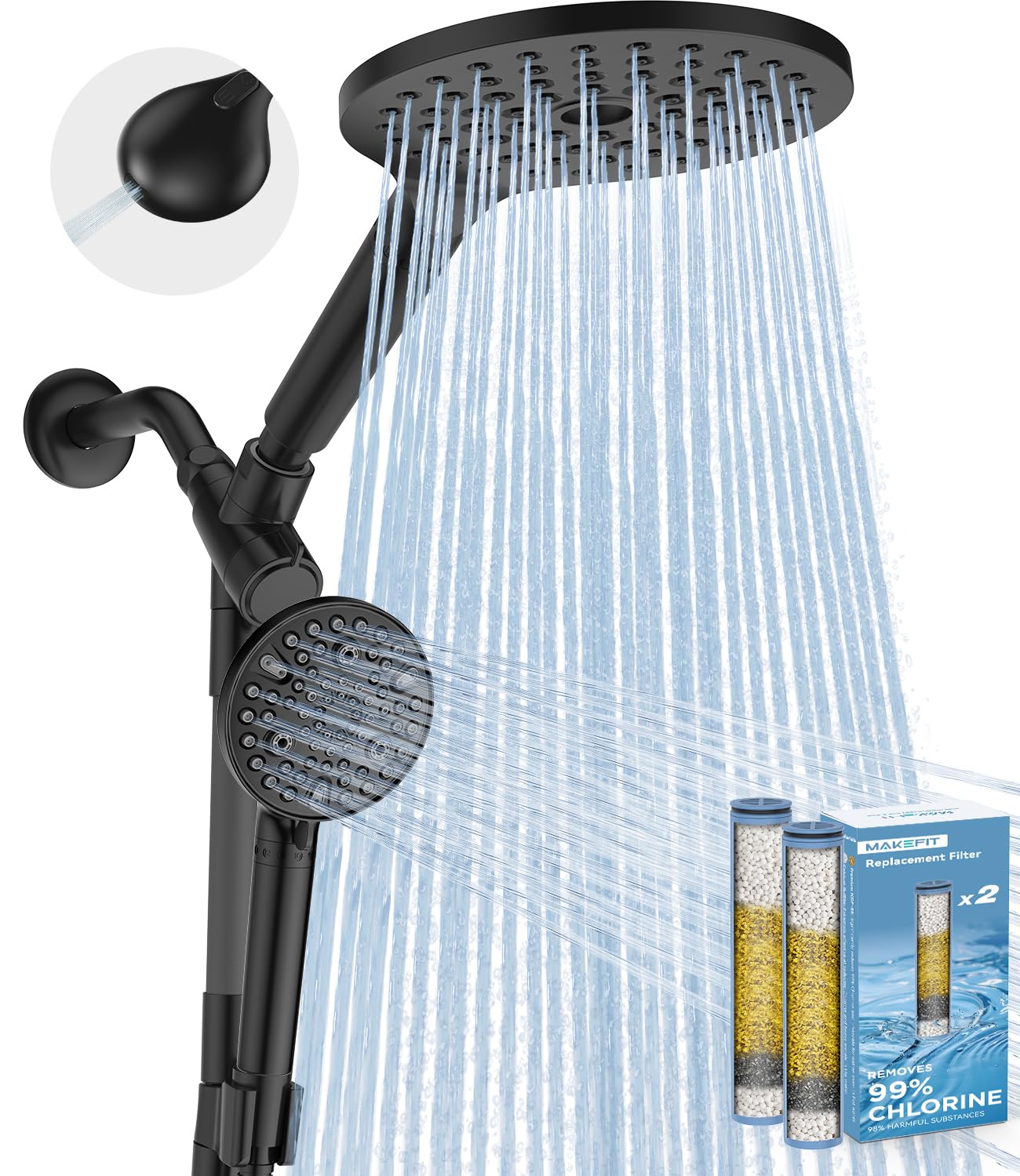 MakeFit Dual Filtered Rain Shower Head Combo, High Pressure Handheld Shower Head with Adjustable Bar - Rainfall Shower Head And Showerhead with Filter for Hard Water - Removes Chlorine