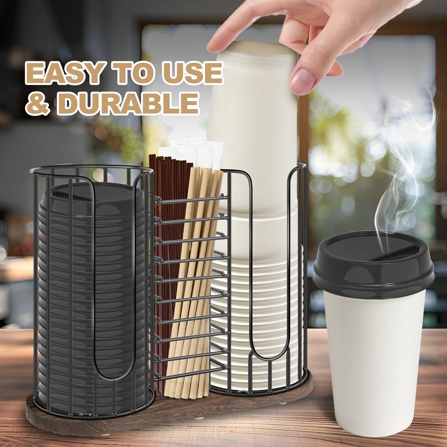 Tanggiteck 3-Compartment 18oz Coffee Cup Dispenser Rack with Wood Base, Disposable Cup, and Lid Organizer for Countertop - Perfect for Paper Cups, Straws, and Kitchen Cabinet Storage
