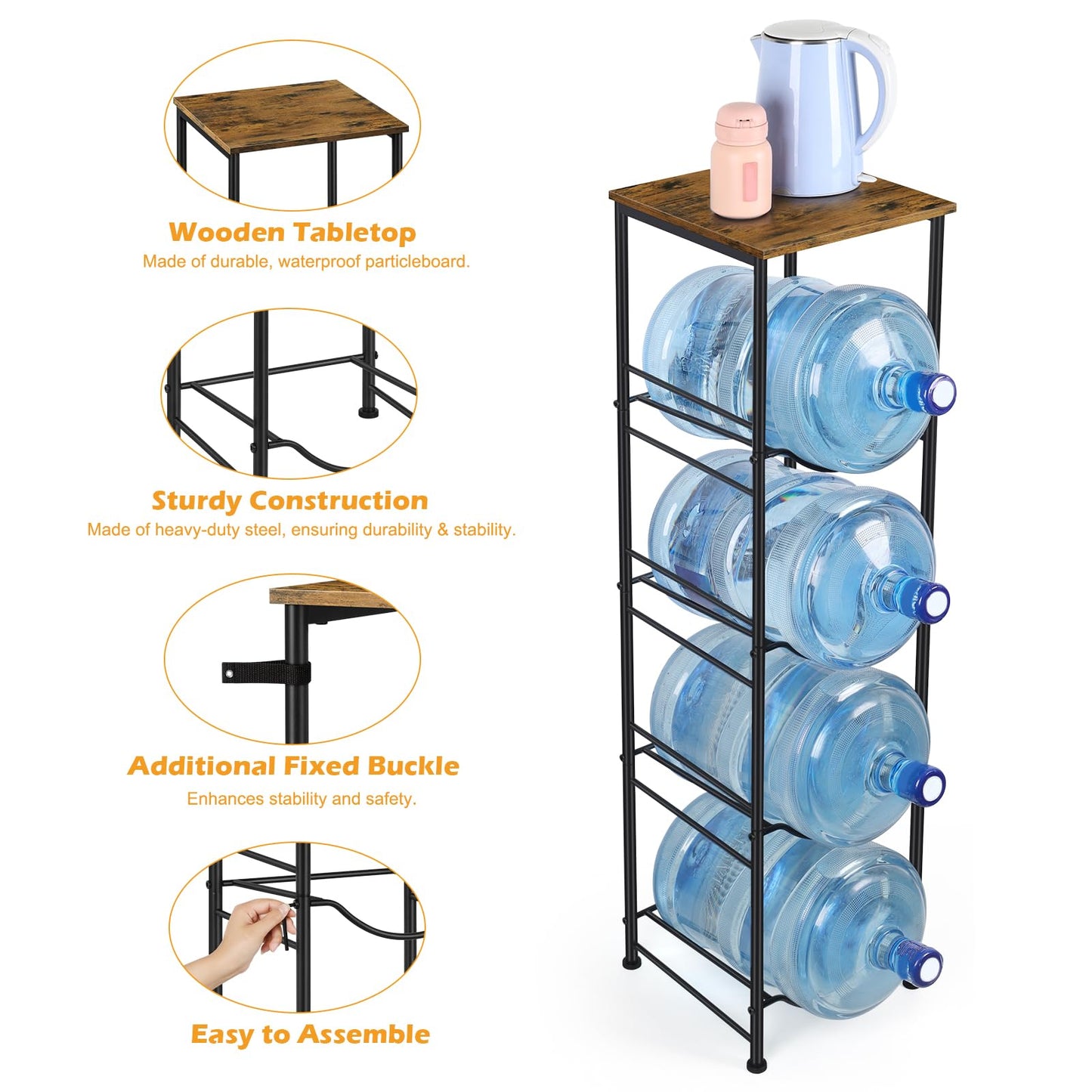 Vrisa 5 Gallon Water Jug Holder 4-Tier Water Bottle Holder Water Jug Stand with Storage Shelf Water 3/5 Gallon Rack Organizer for Home Office, Rustic Brown