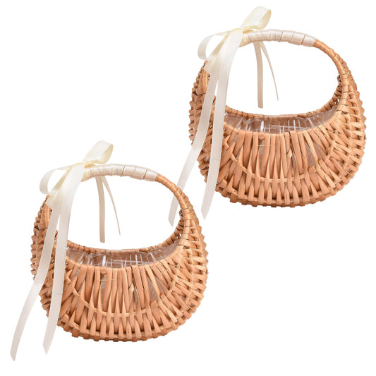 2 PCS Wicker Rattan Flower Baskets Small Half Moon Wicker Basket with Handle and Ribbons Wedding Flower Girl Straw Basket Willow Woven Storage for Wedding Party Decor(Brown) (2)